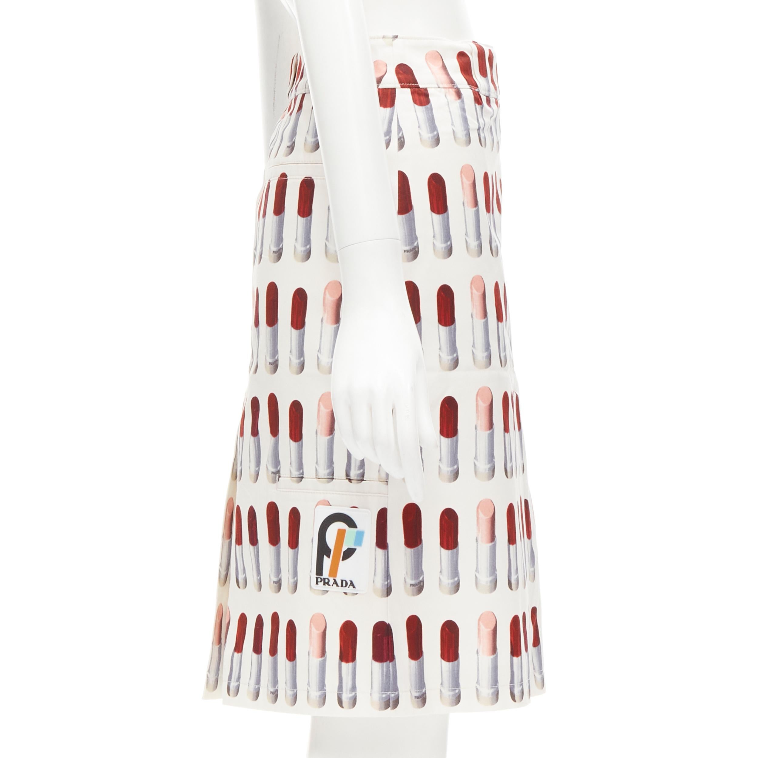 Women's PRADA Signature Red Lipstick print white wrap front knee length skirt S