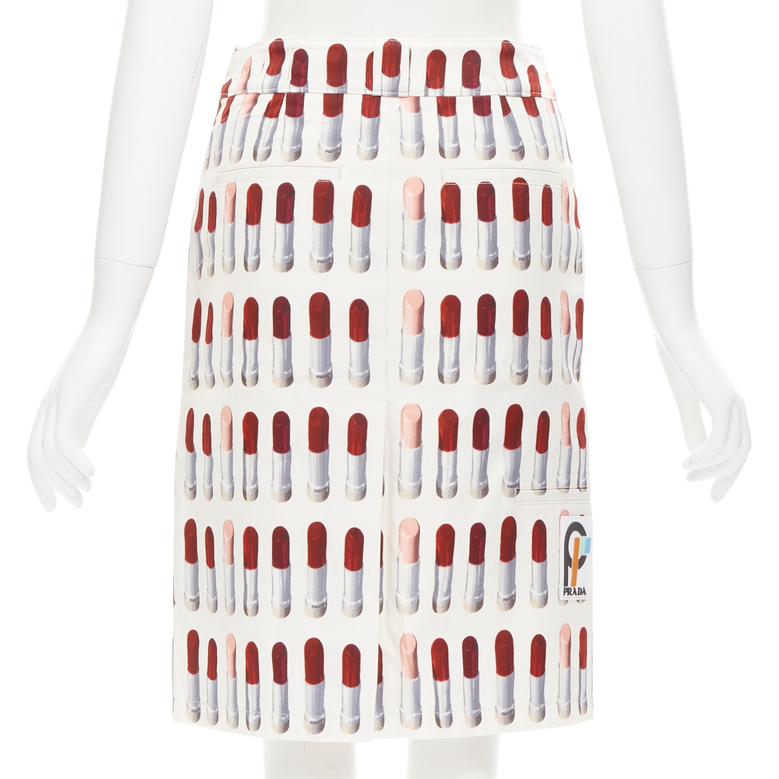 PRADA Signature Red Lipstick print white wrap front knee length skirt S 1