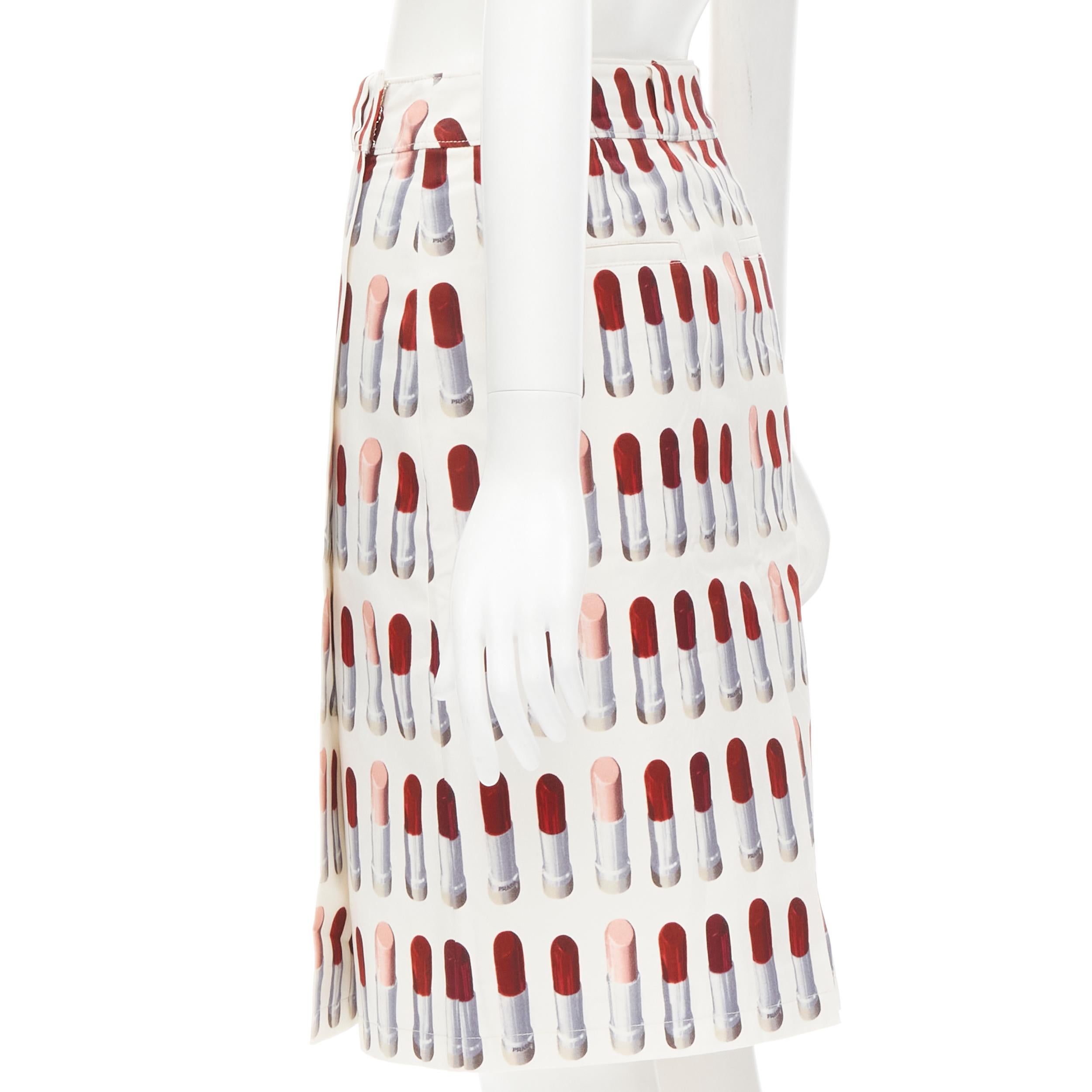 PRADA Signature Red Lipstick print white wrap front knee length skirt S 2