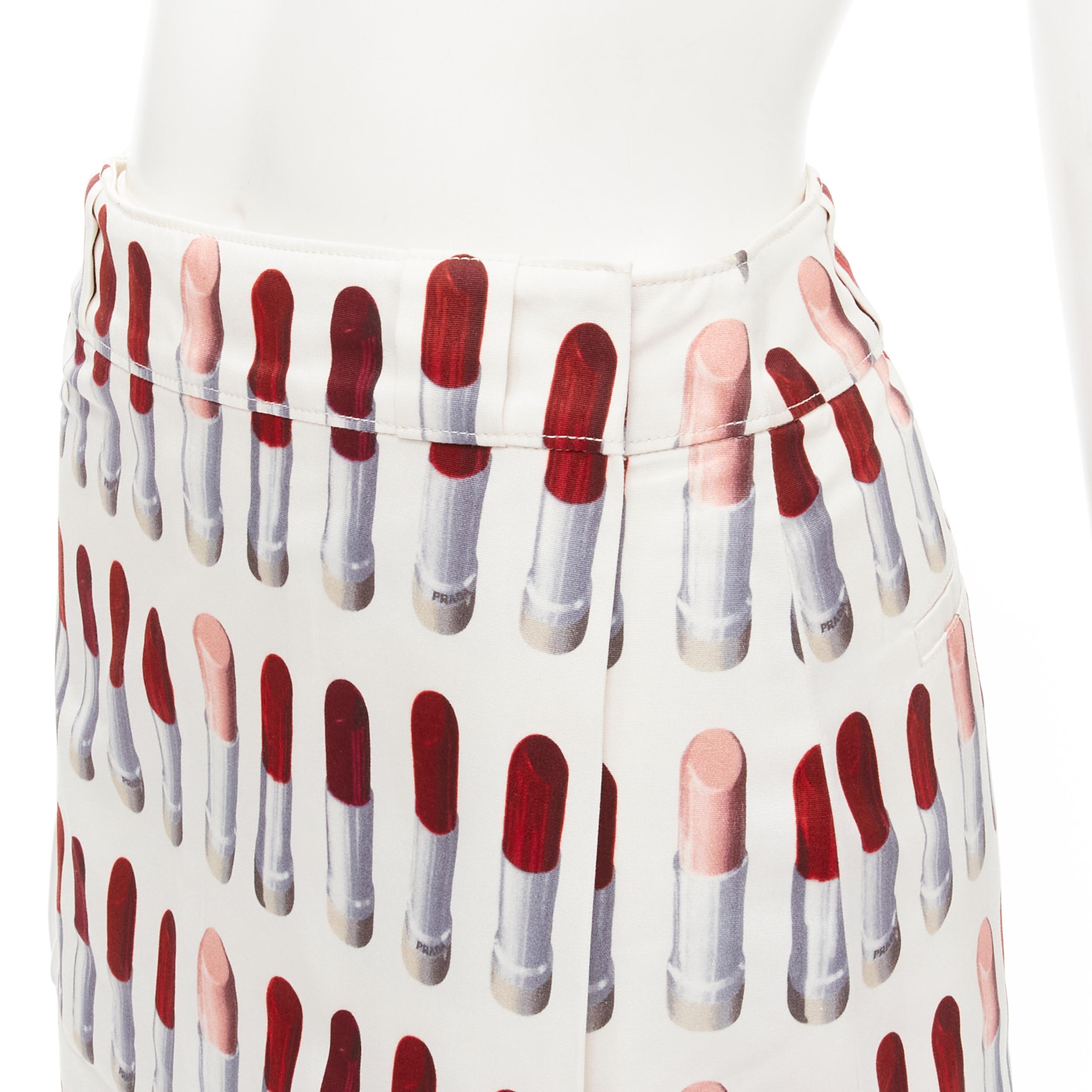 PRADA Signature Red Lipstick print white wrap front knee length skirt S 3