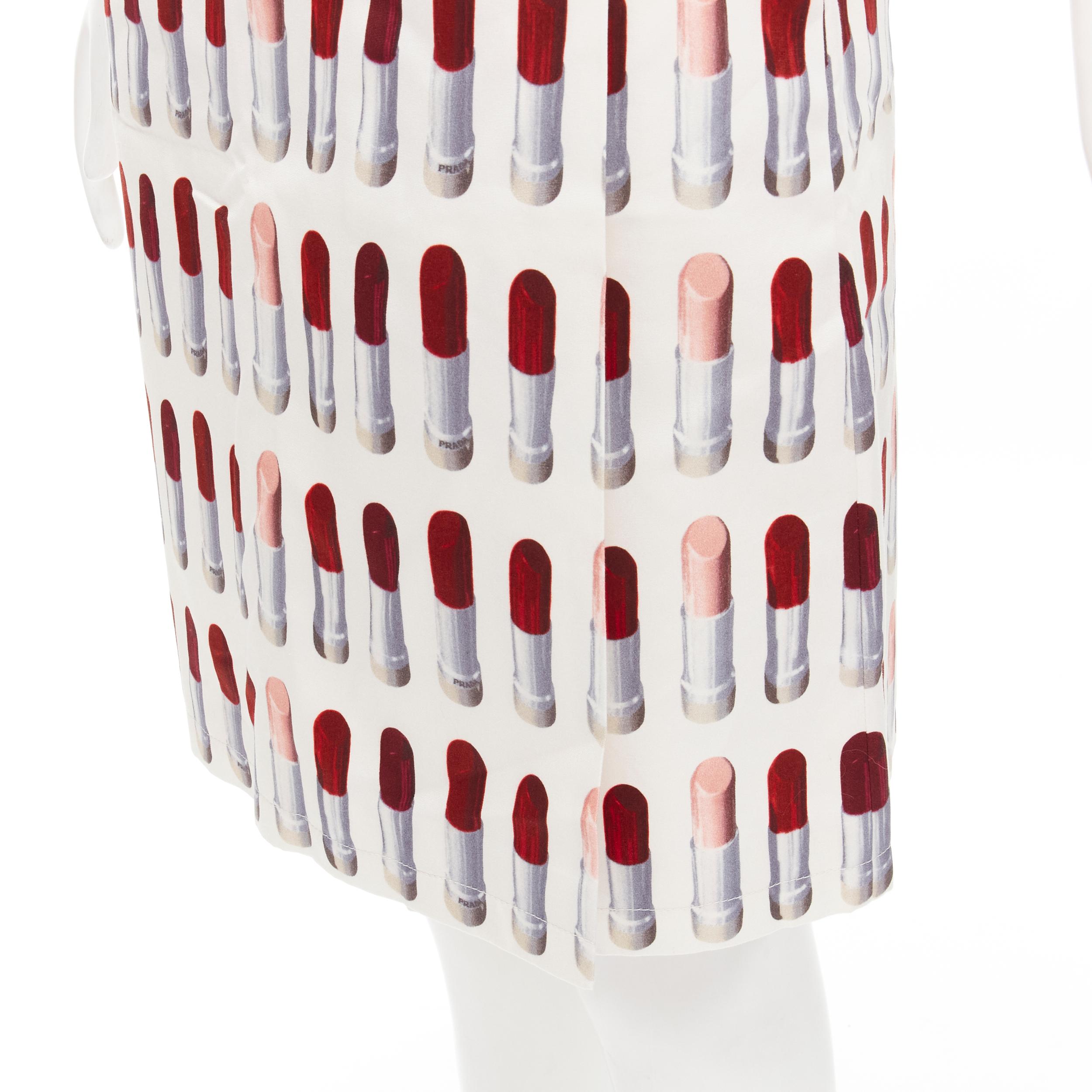 PRADA Signature Red Lipstick print white wrap front knee length skirt S 4