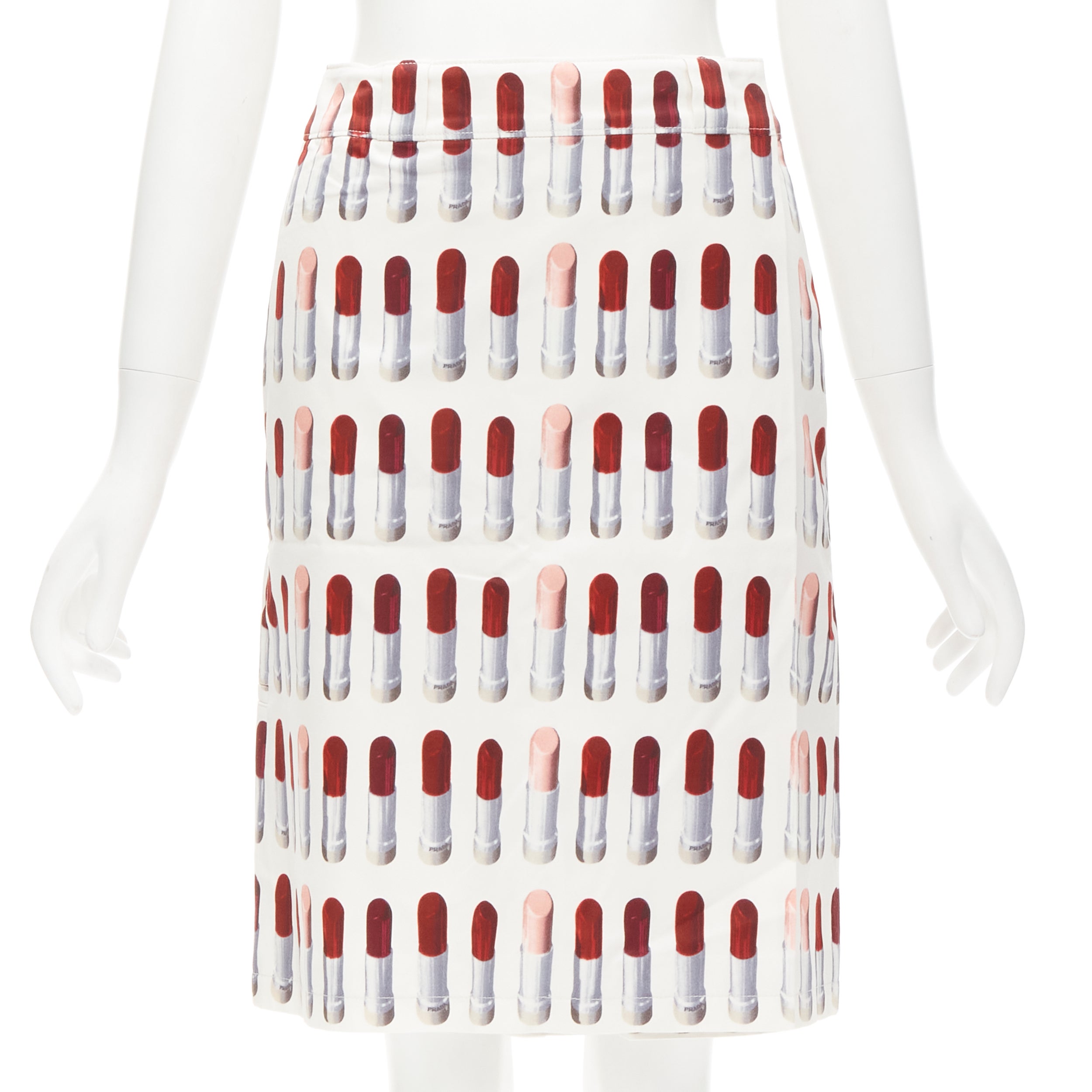 PRADA Signature Red Lipstick print white wrap front knee length skirt S