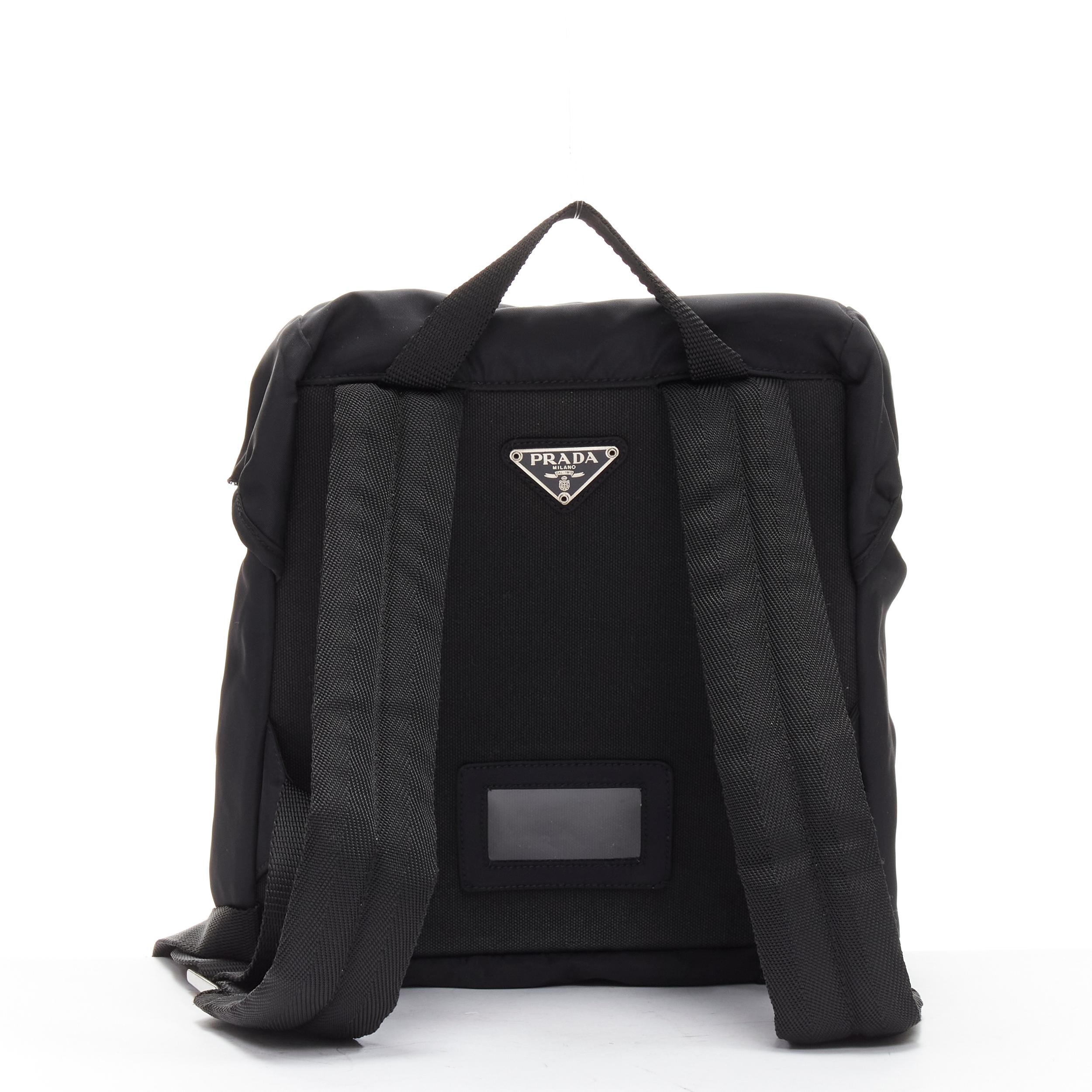 Women's or Men's PRADA Signature Tessuto Nylon black triangle logo double buckle small backpack For Sale