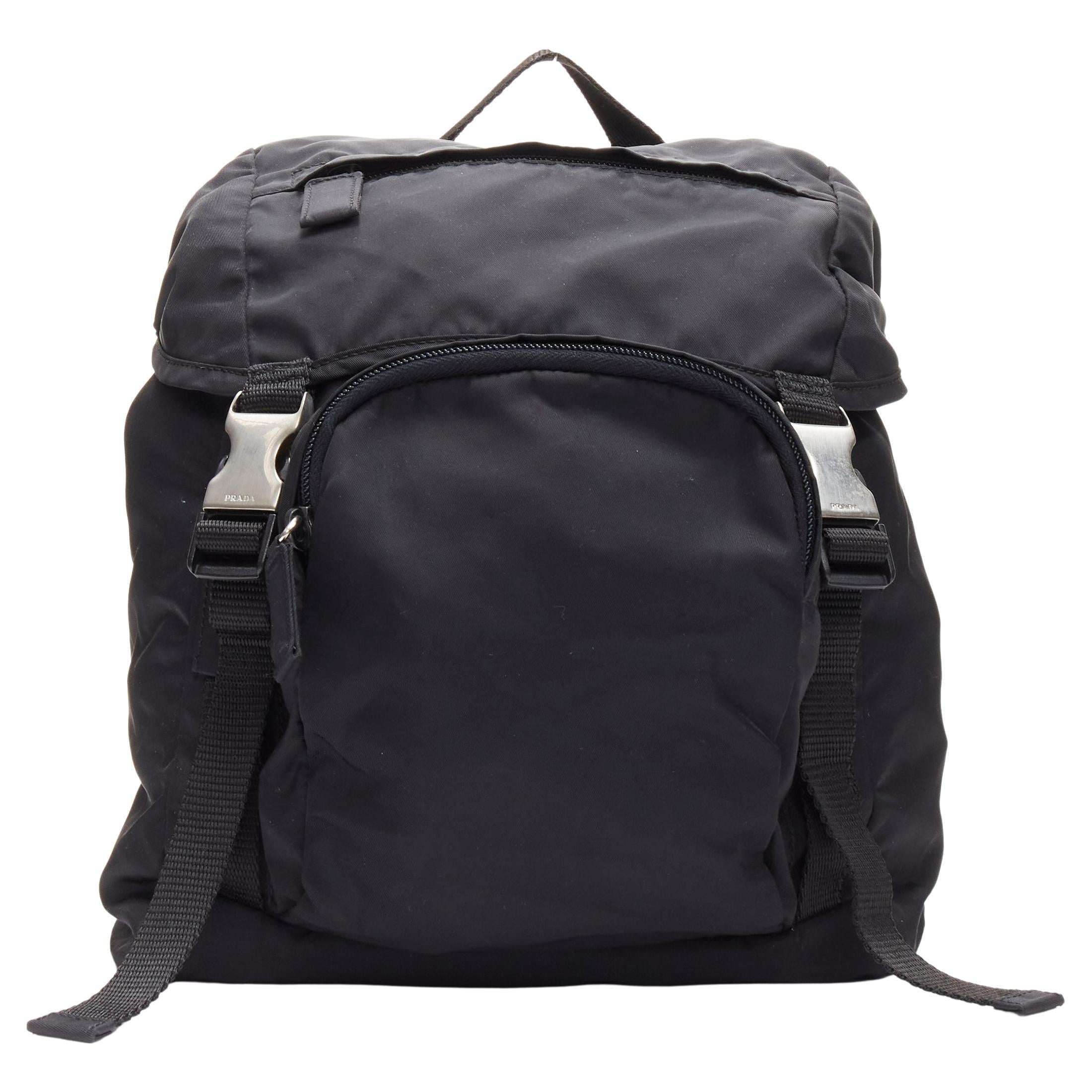 PRADA Signature Tessuto Nylon black triangle logo double buckle small backpack For Sale