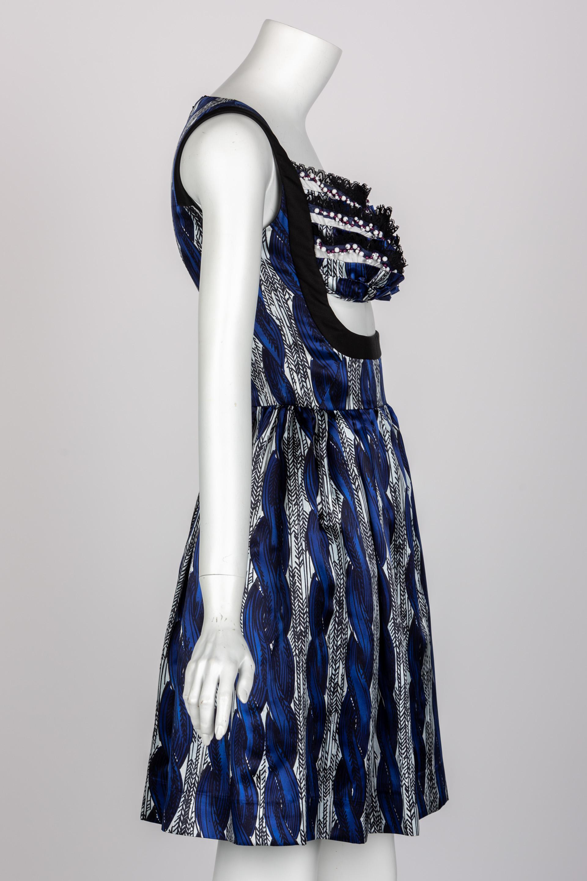 Prada Silk Cable Knit Blue Black Printed Cut Out Dress Runway Fall 2010 In Excellent Condition In Boca Raton, FL