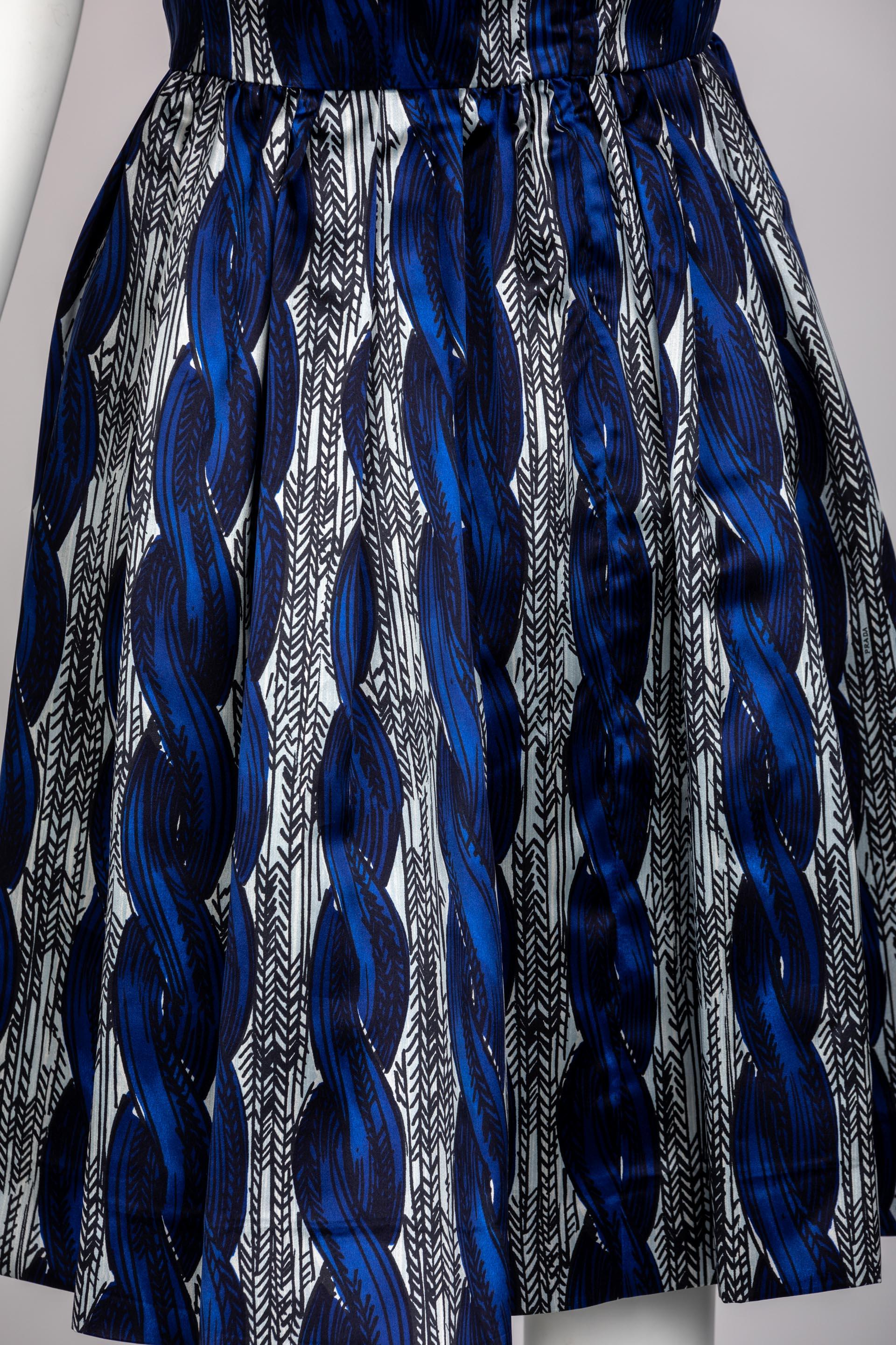 Women's Prada Silk Cable Knit Blue Black Printed Cut Out Dress Runway Fall 2010