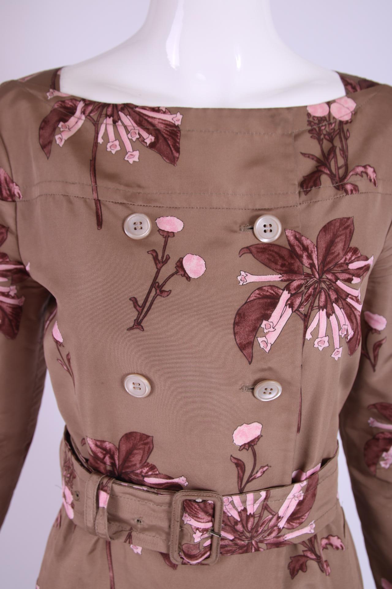 Marrone Cappotto con cintura con stampa Foral in seta di Prada