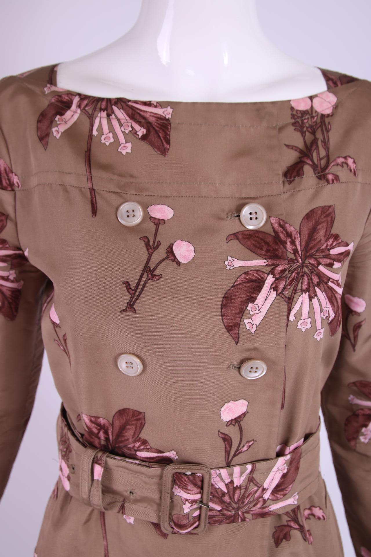 Brown Prada Silk Foral Print Belted Coat For Sale