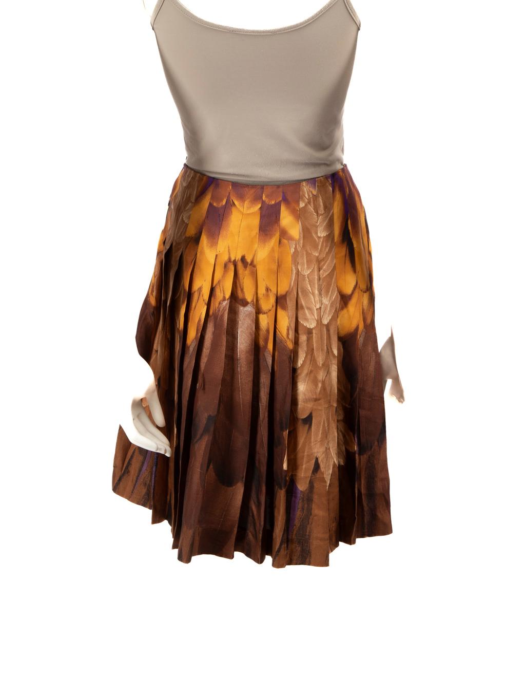 Brown Prada Silk Ombré Feather Print Flared Skirt Size M