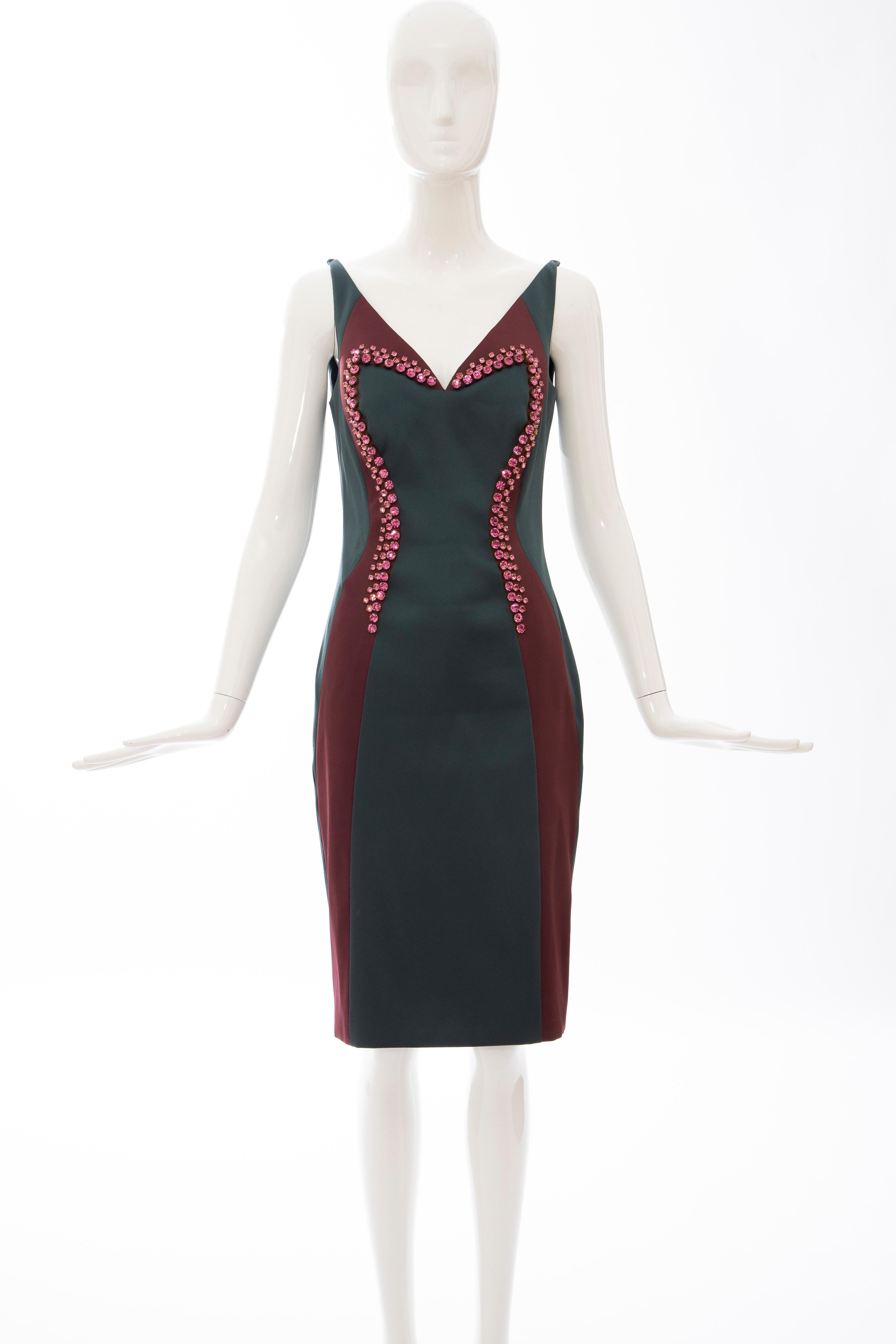 Prada, Spring 2012 silk satin sleeveless dress with sweetheart neckline, hand-sewn Swarovski crystal embellishment at front and concealed zip closure at back. 

IT. 42, US. 6

Bust: 30, Waist: 24, Hip: 32, Length: 39.5

Fabric: 89% Polyester, 8%