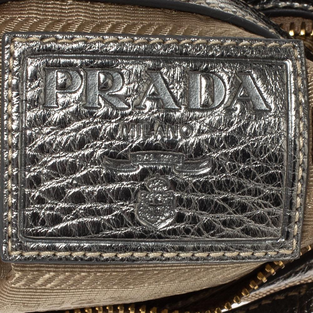 Prada Silver/Beige Logo Jacquard Canvas and Leather Hobo 3