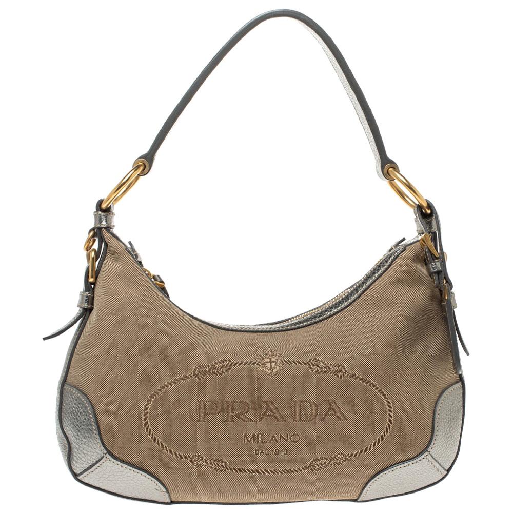 Prada Silver/Beige Logo Jacquard Canvas and Leather Hobo