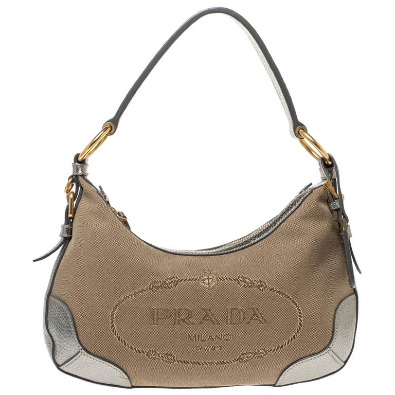 Prada Silver/Beige Logo Jacquard Canvas and Leather Hobo at 1stDibs