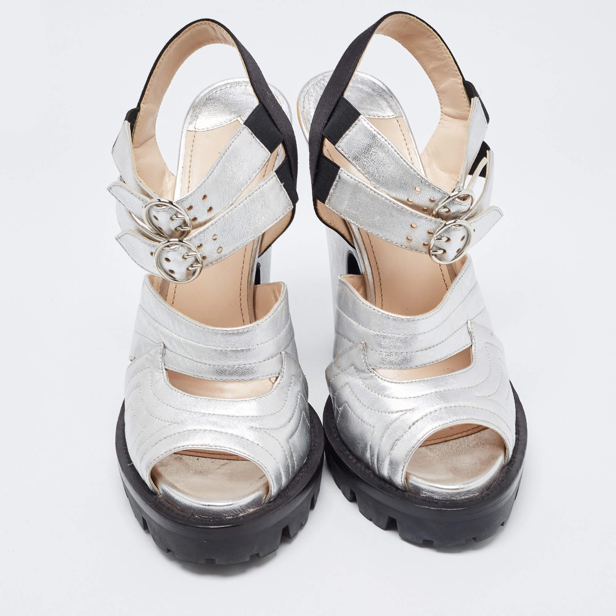 Gray Prada Silver/Black Leather and Satin Double Ankle Strap Sandals Size 38 For Sale