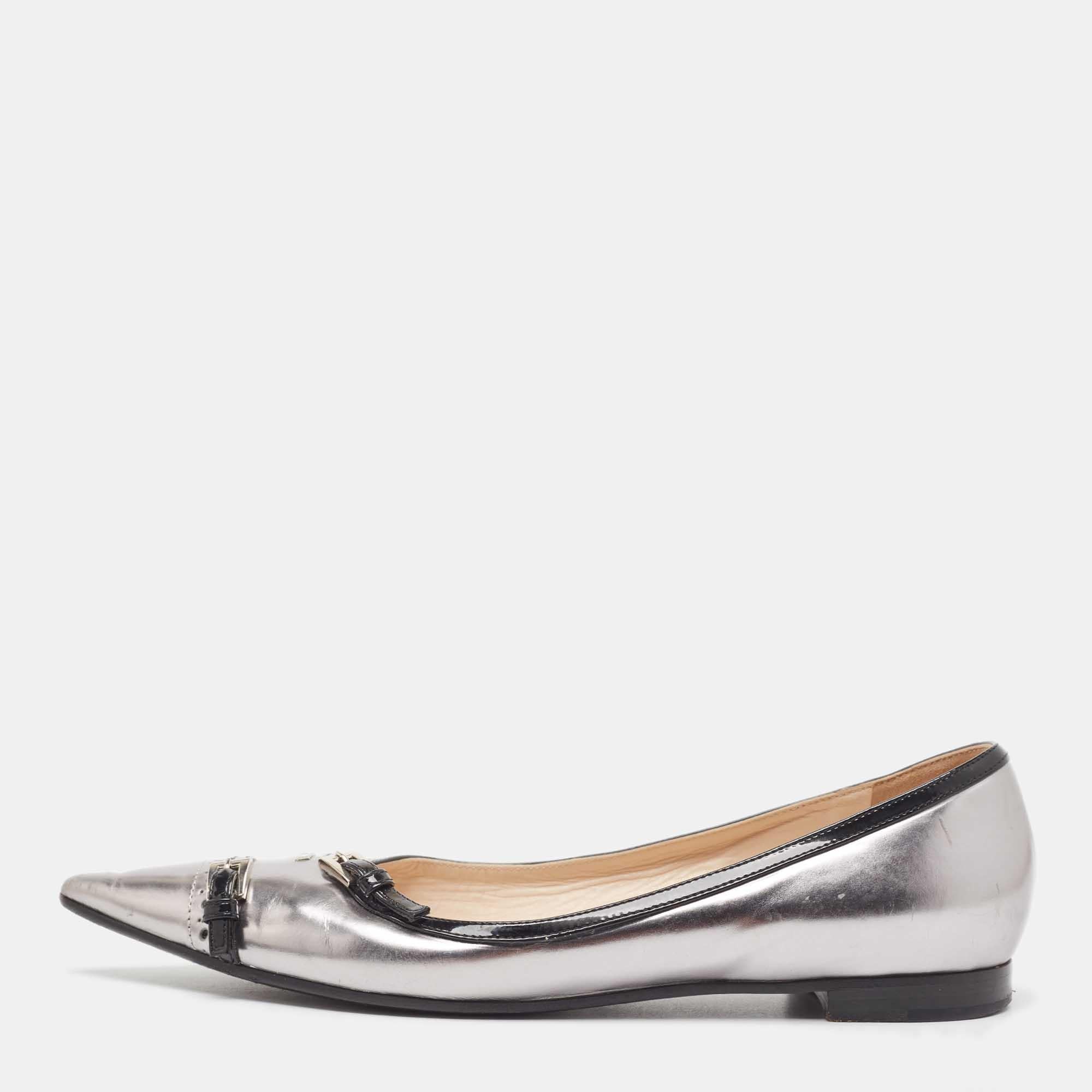 Women's Prada Silver/Black Patent Buckle Detail Pointed Toe Ballet Flats Size 38.5 For Sale