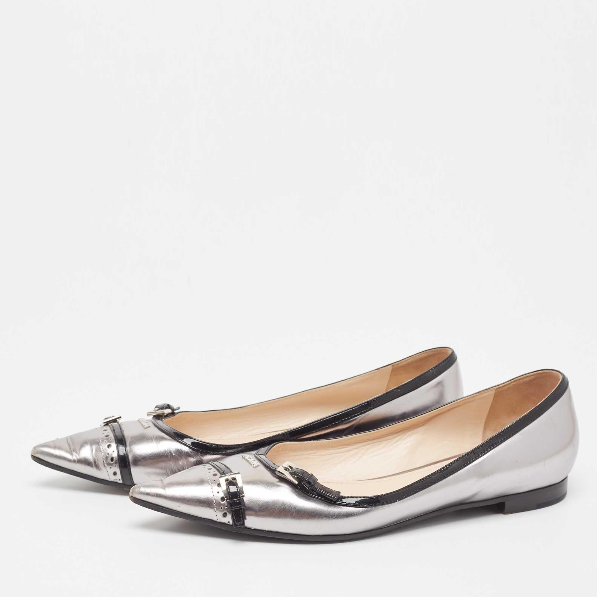 Prada Silver/Black Patent Buckle Detail Pointed Toe Ballet Flats Size 38.5 For Sale 1
