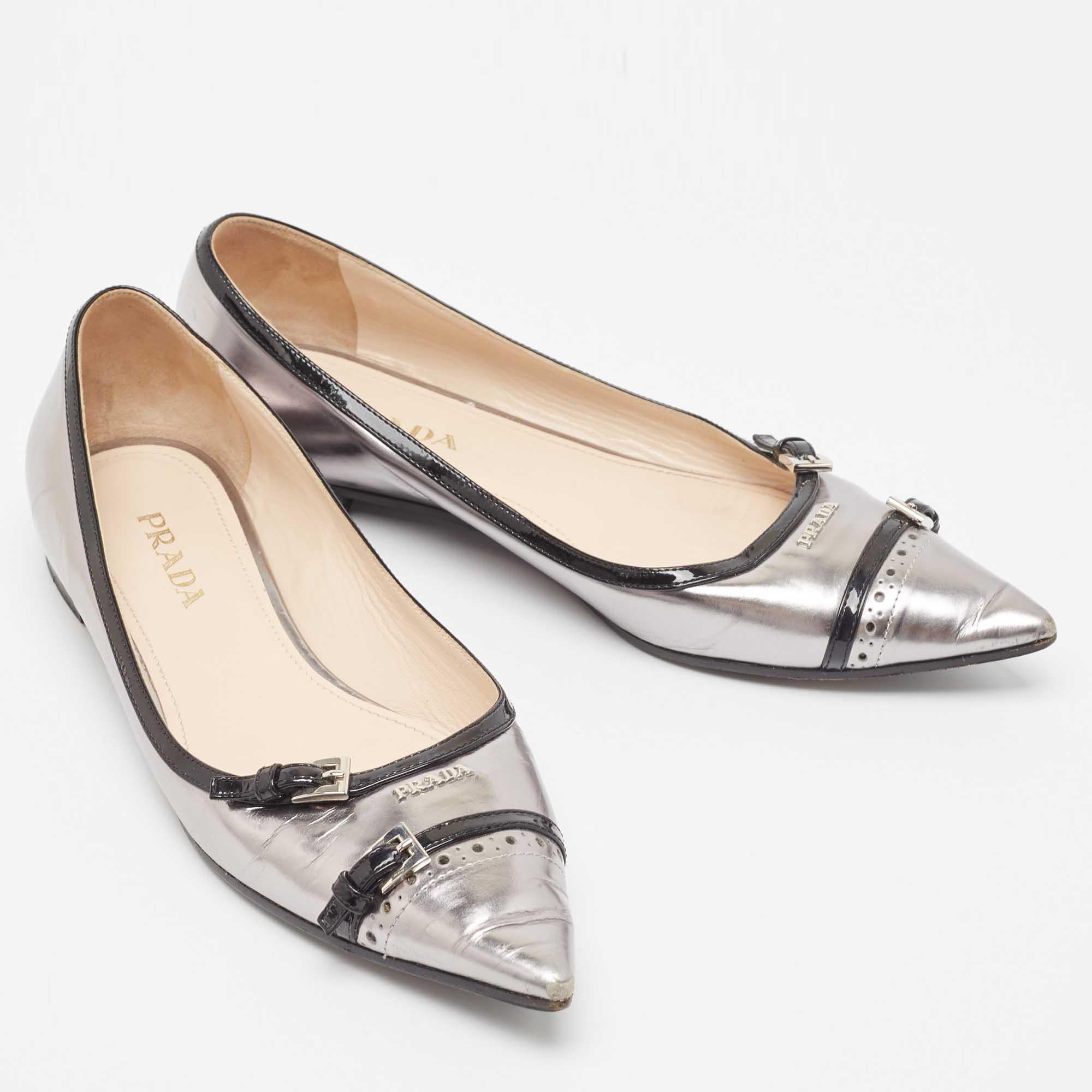 Prada Silver/Black Patent Buckle Detail Pointed Toe Ballet Flats Size 38.5 For Sale 2