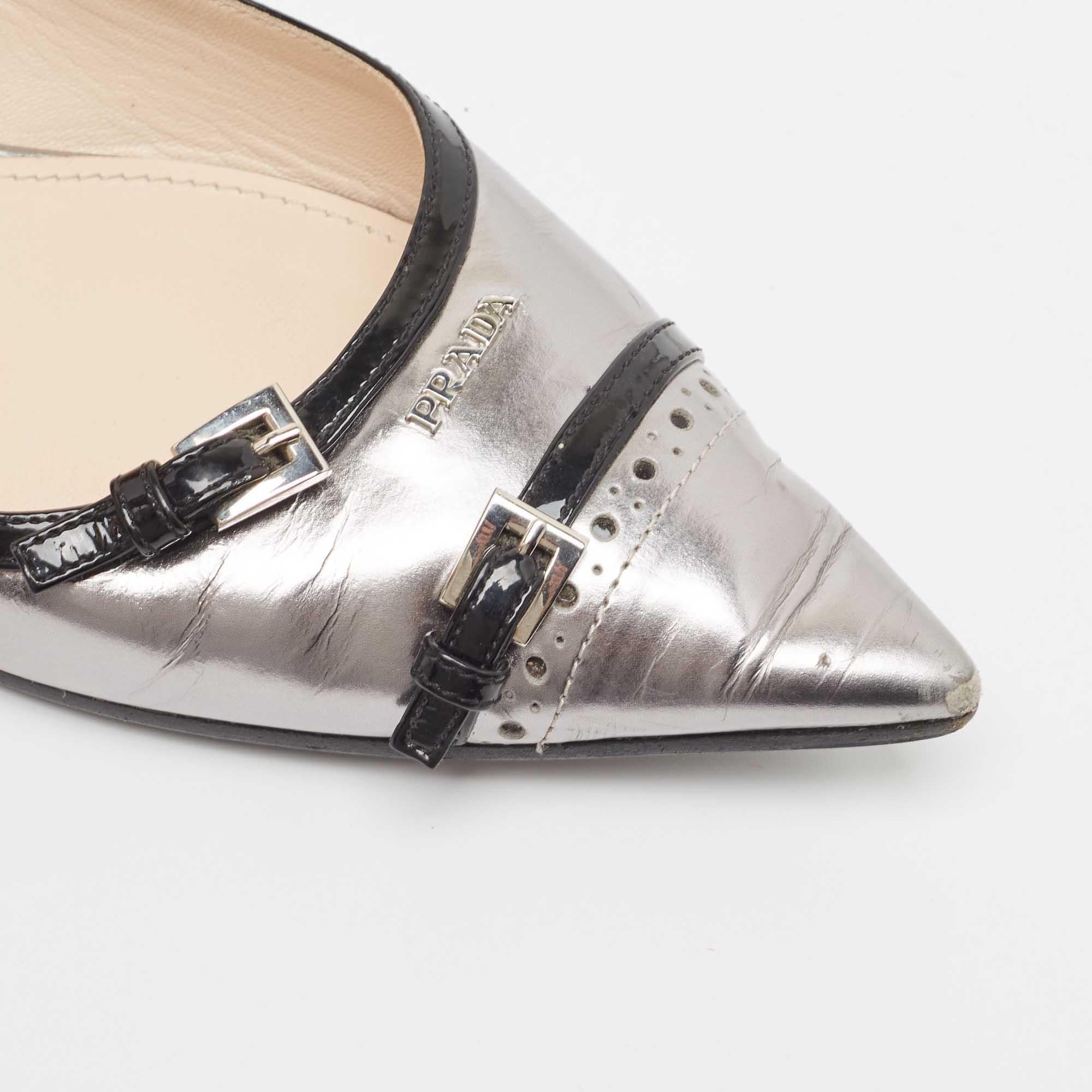 Prada Silver/Black Patent Buckle Detail Pointed Toe Ballet Flats Size 38.5 For Sale 3