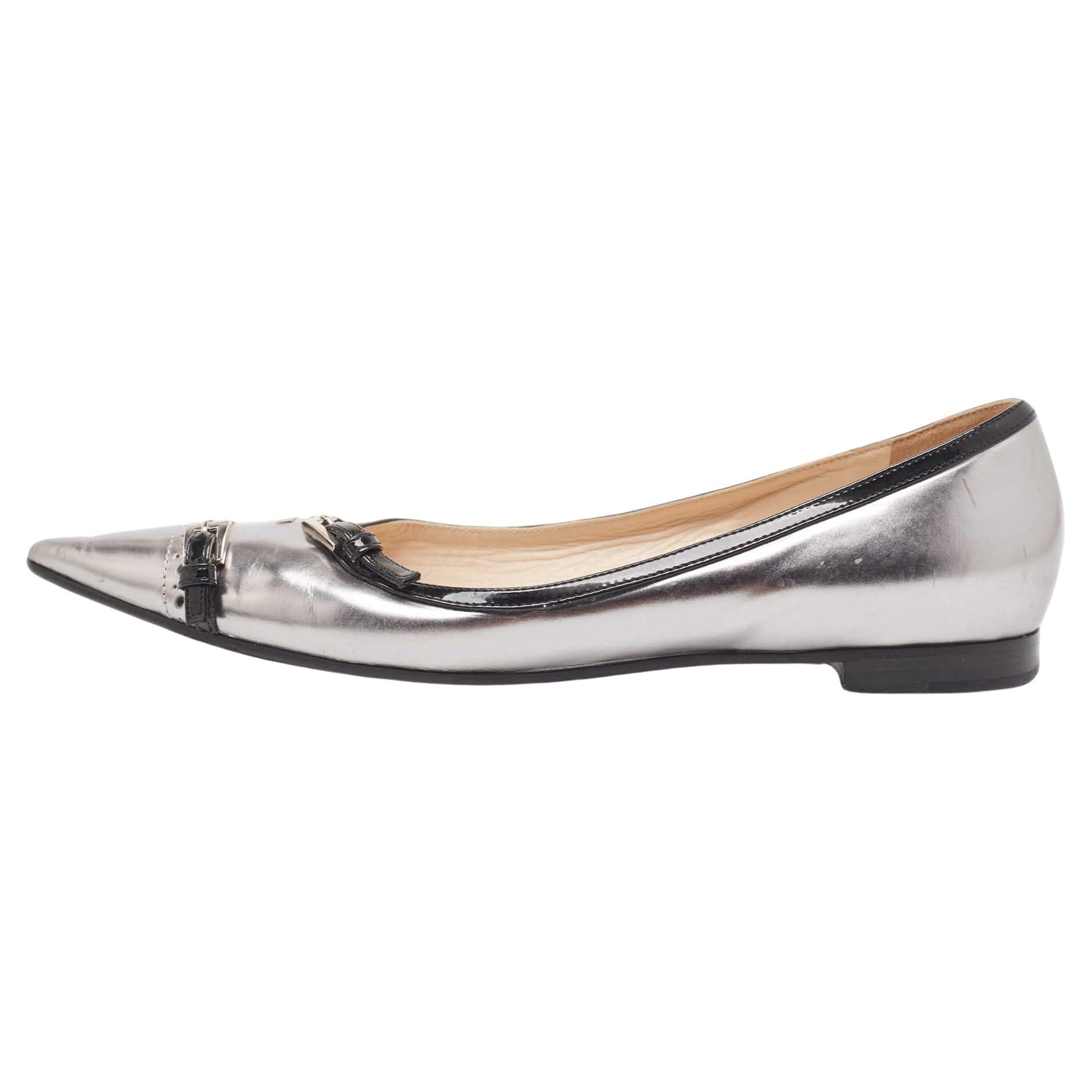 Prada Silver/Black Patent Buckle Detail Pointed Toe Ballet Flats Size 38.5 For Sale