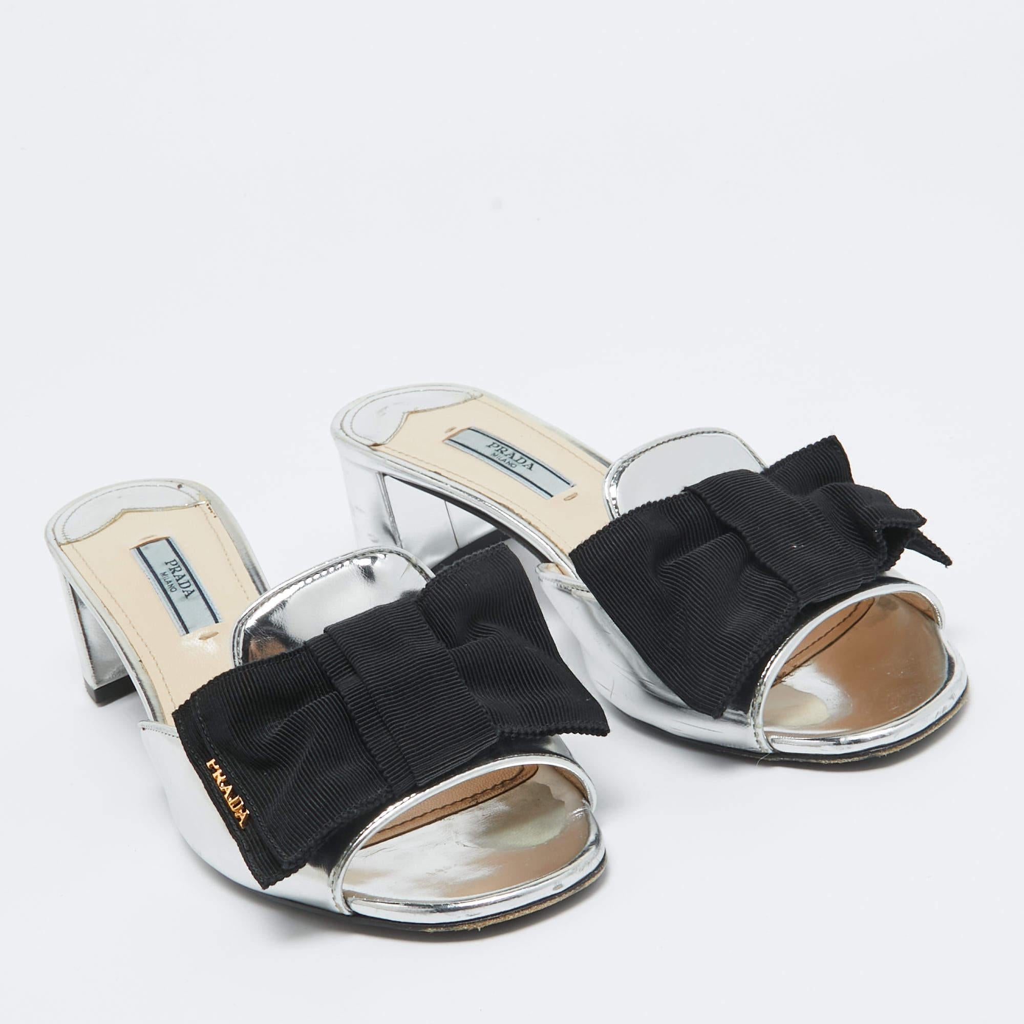 Women's Prada Silver/Black Patent Leather and Canvas Bow Slide Sandals Size 38