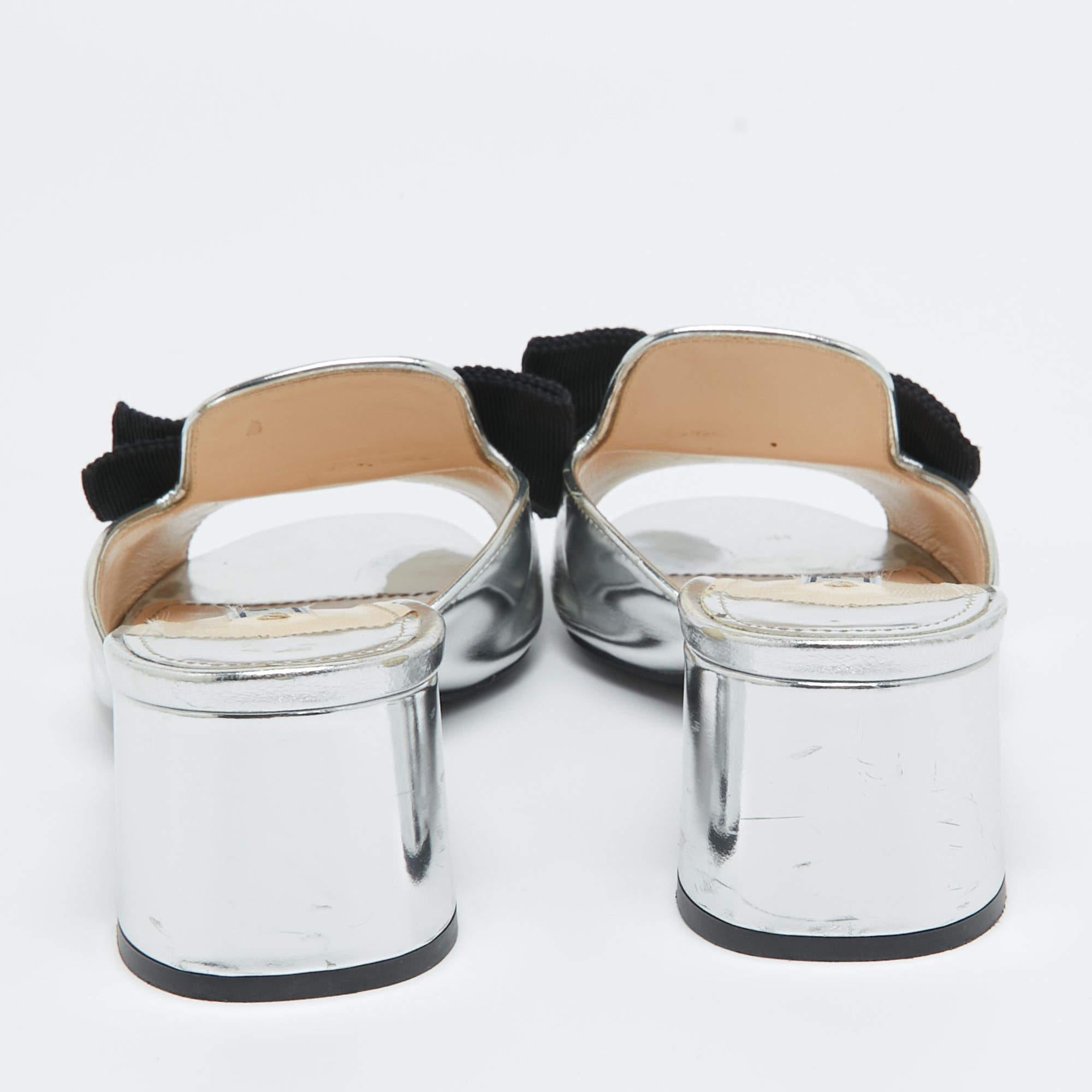 Prada Silver/Black Patent Leather and Canvas Bow Slide Sandals Size 38 1