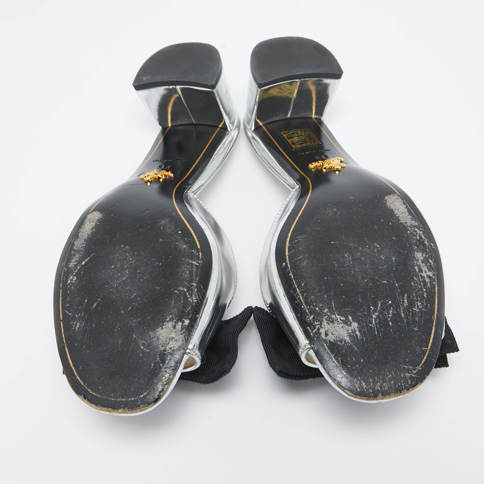 Prada Silver/Black Patent Leather and Canvas Bow Slide Sandals Size 38 2