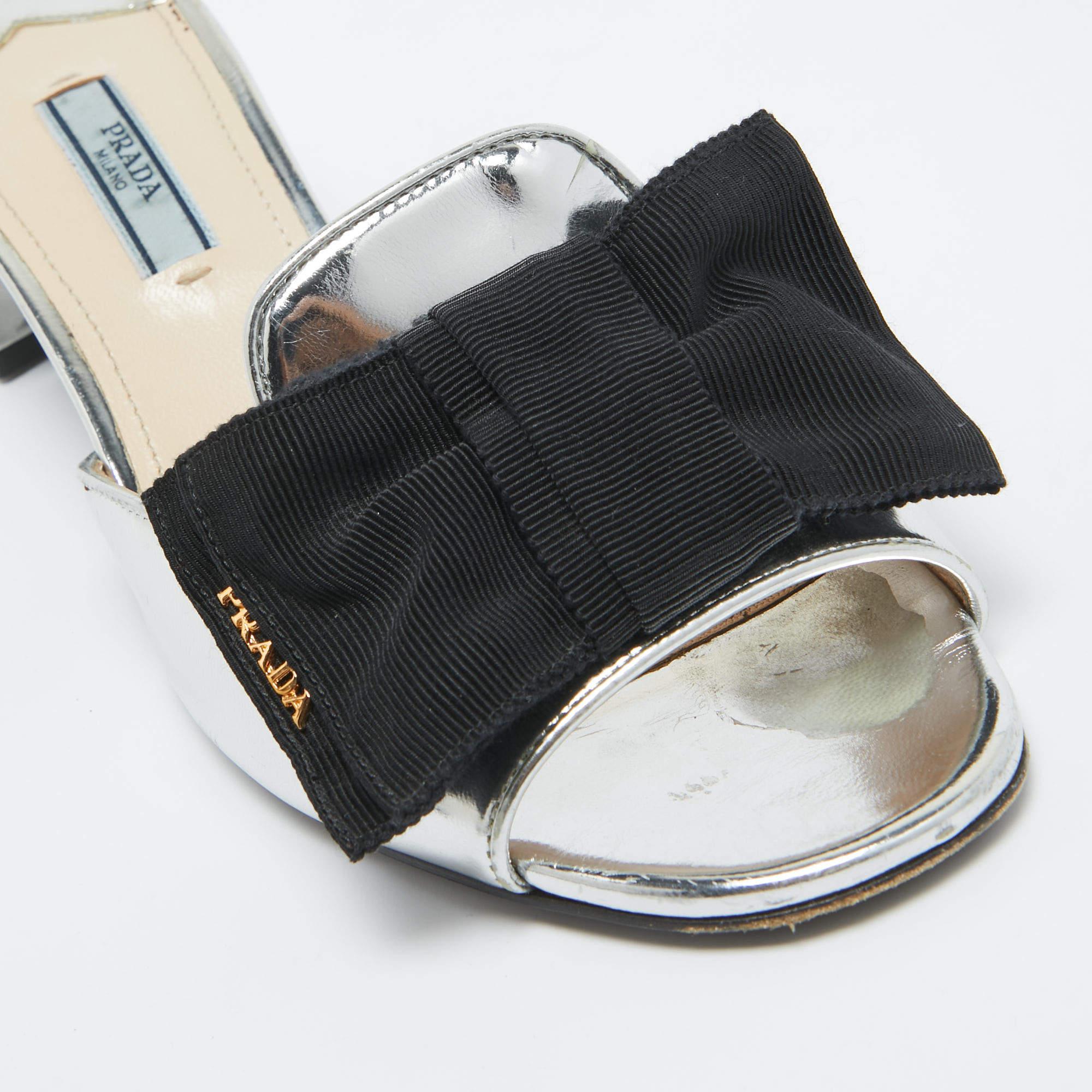 Prada Silver/Black Patent Leather and Canvas Bow Slide Sandals Size 38 4