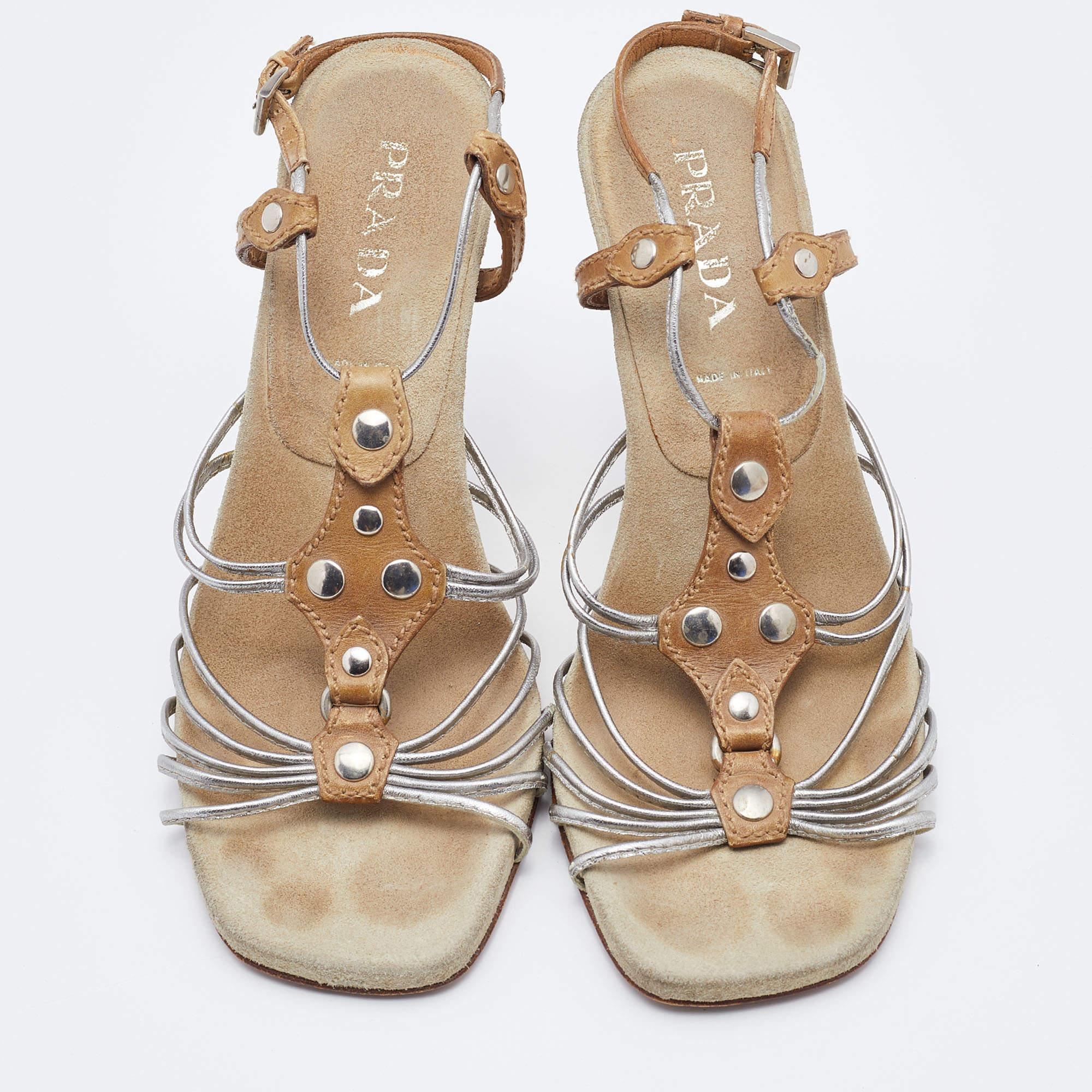 Prada Silver/Brown Leather Strappy Sandals Size 36.5 In Fair Condition In Dubai, Al Qouz 2