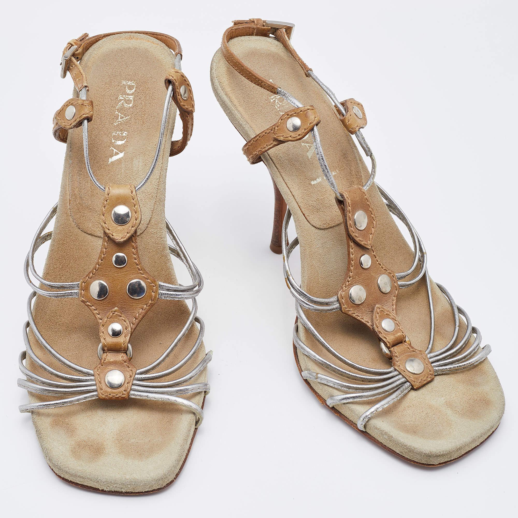 Women's Prada Silver/Brown Leather Strappy Sandals Size 36.5