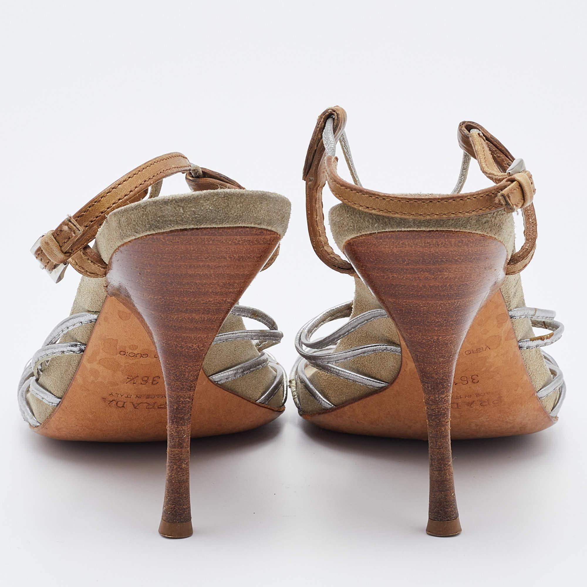 Prada Silver/Brown Leather Strappy Sandals Size 36.5 1