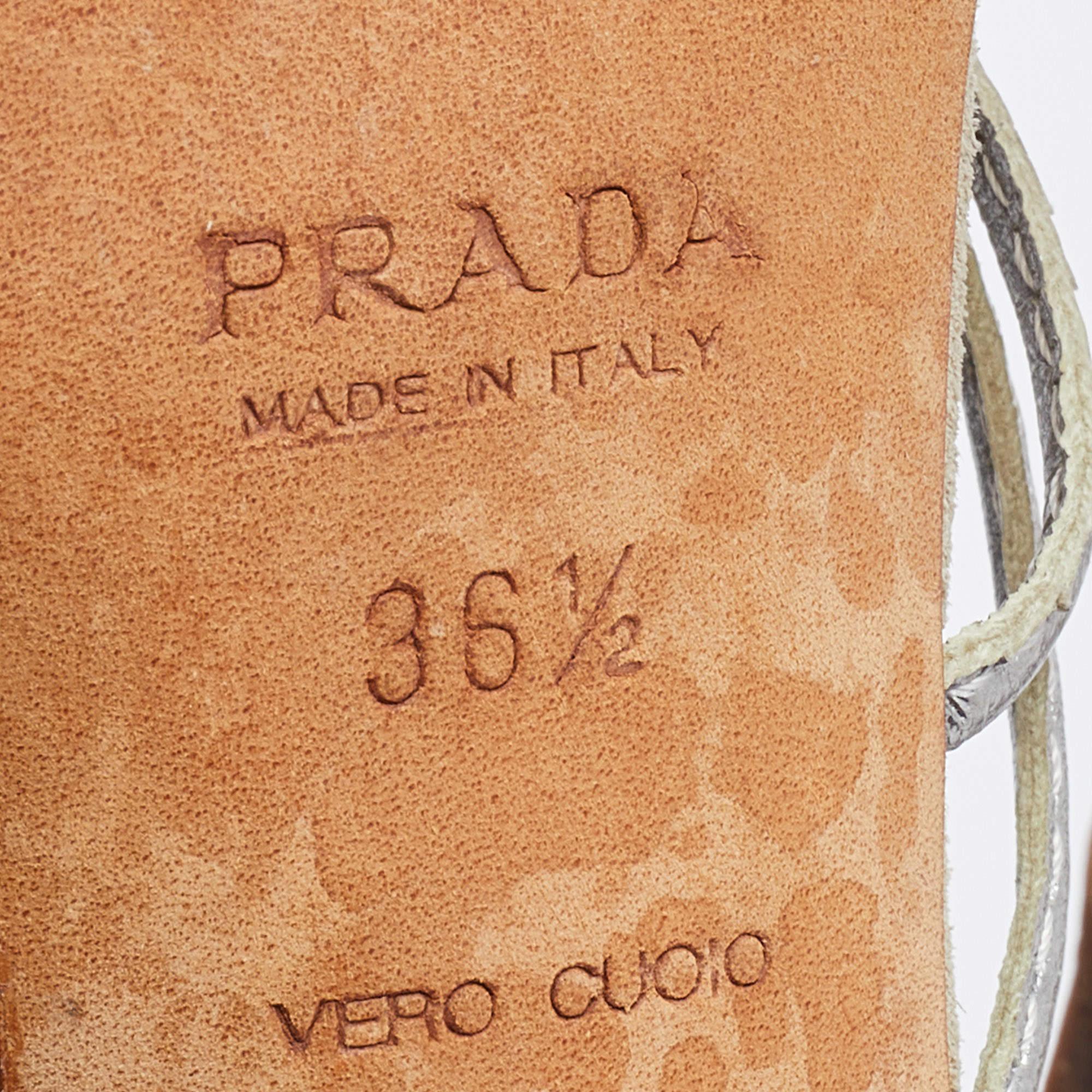 Prada Silver/Brown Leather Strappy Sandals Size 36.5 4