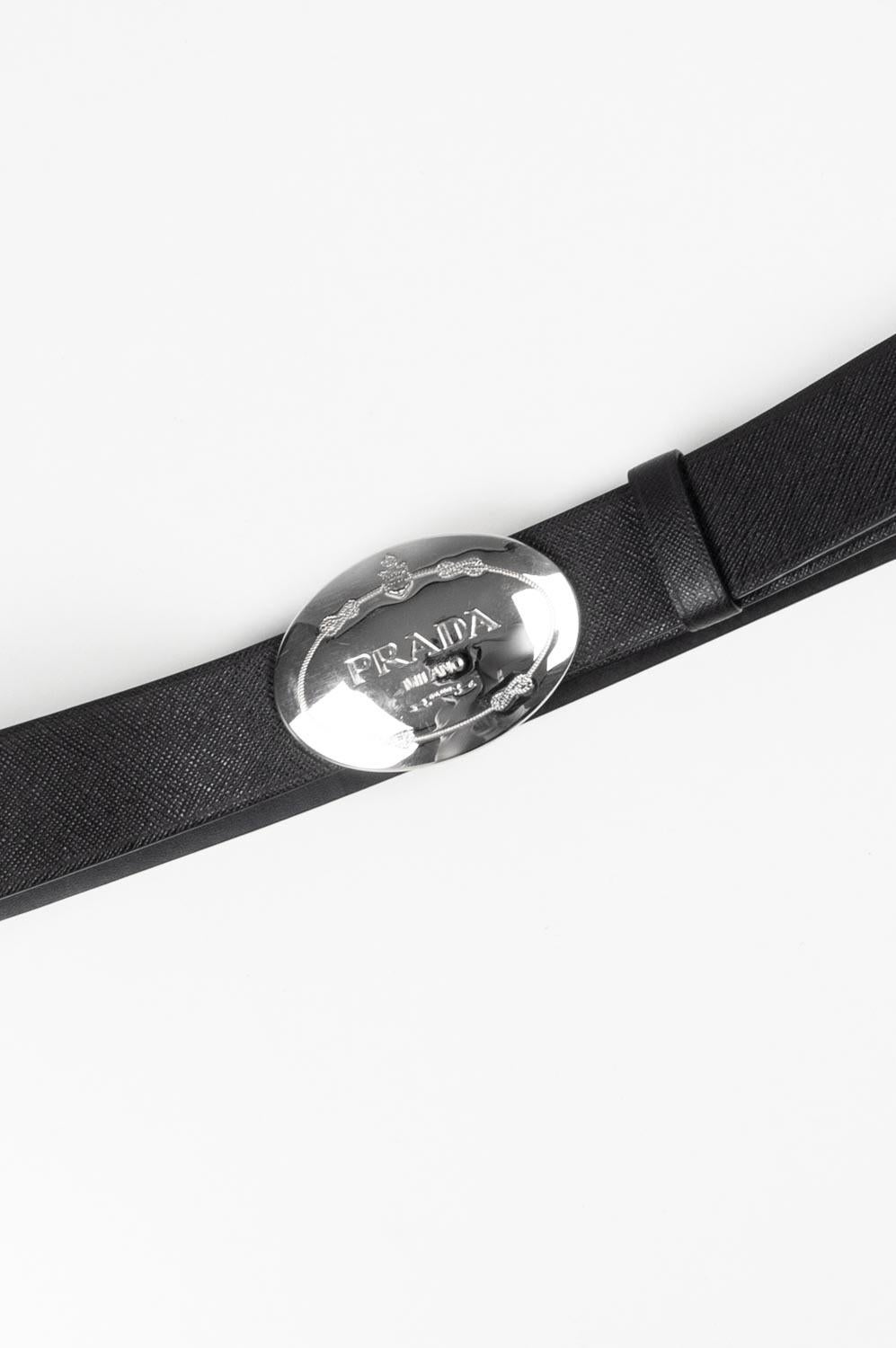 Prada Silver Buckle Men Belt Size 95 In Excellent Condition In Kaunas, LT