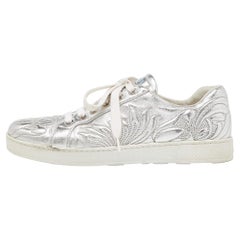 Used Prada Silver Embroidered Leather Low Top Sneakers Size 38