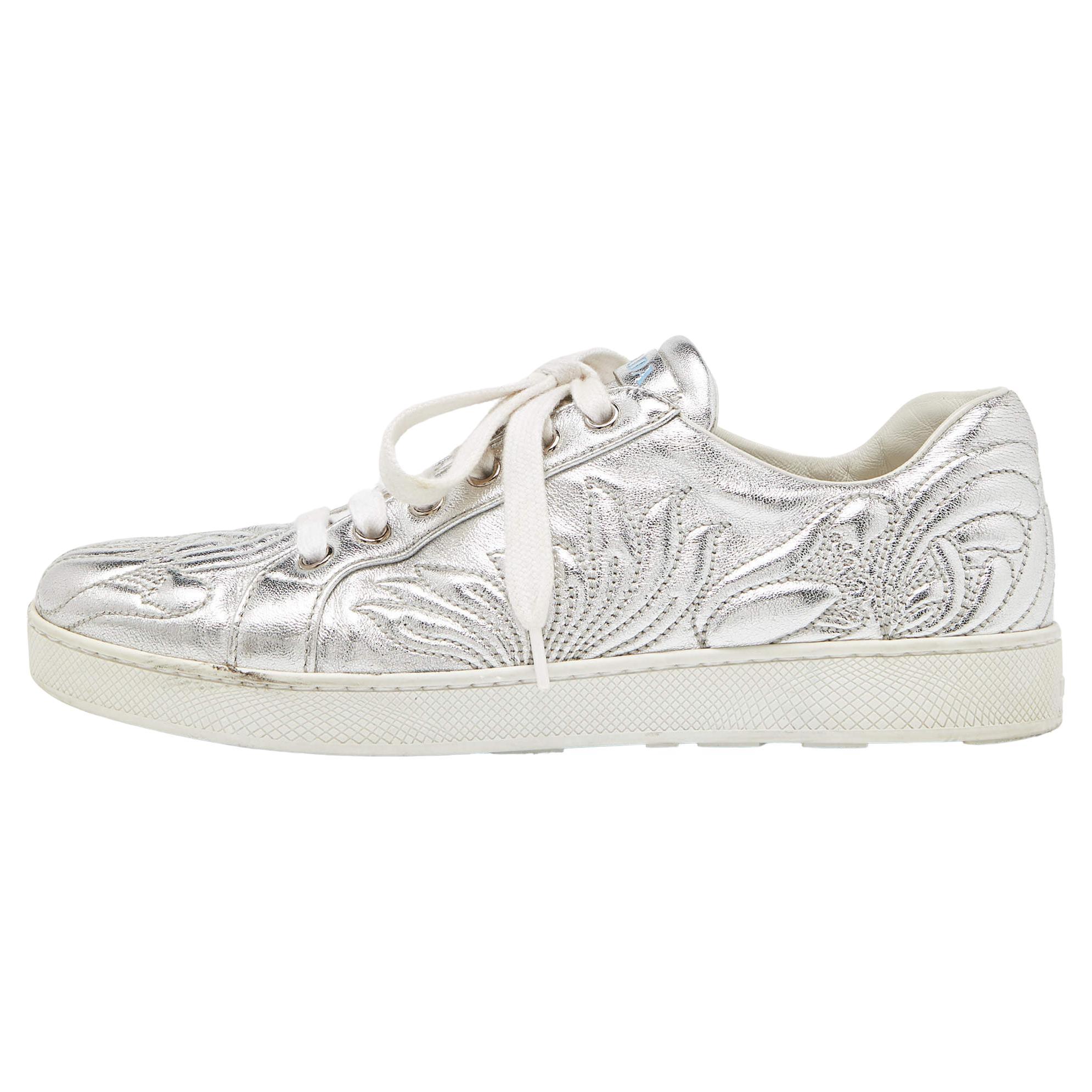 Prada Silver Embroidered Leather Low Top Sneakers Size 38 For Sale