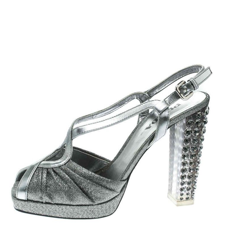 Prada Silver Fabric and Leather Crystal Embellished Slingback Sandals ...
