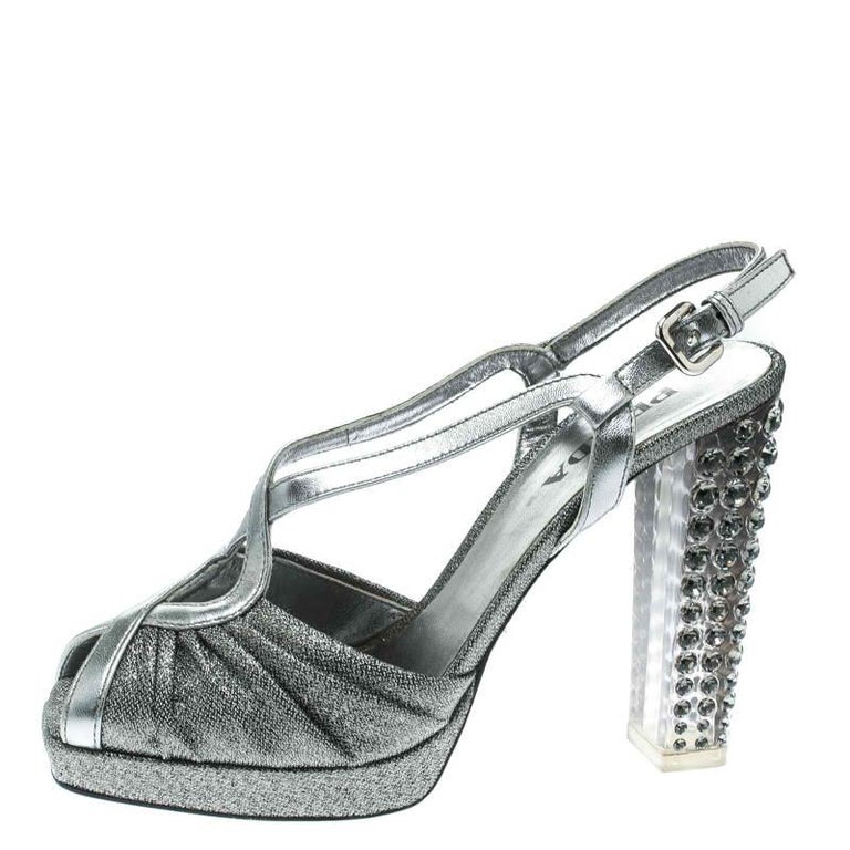 Prada Silver Fabric and Leather Crystal Embellished Slingback Sandals Size 36 at 1stDibs