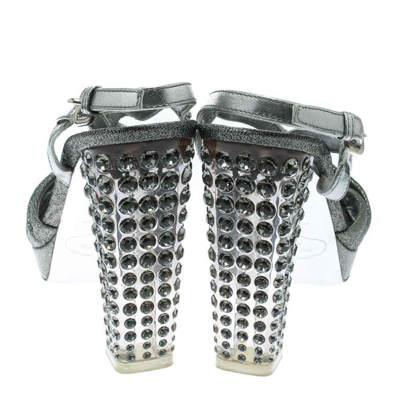 Prada Silver Fabric and Leather Crystal Embellished Slingback Sandals Size 36 In Good Condition In Dubai, Al Qouz 2
