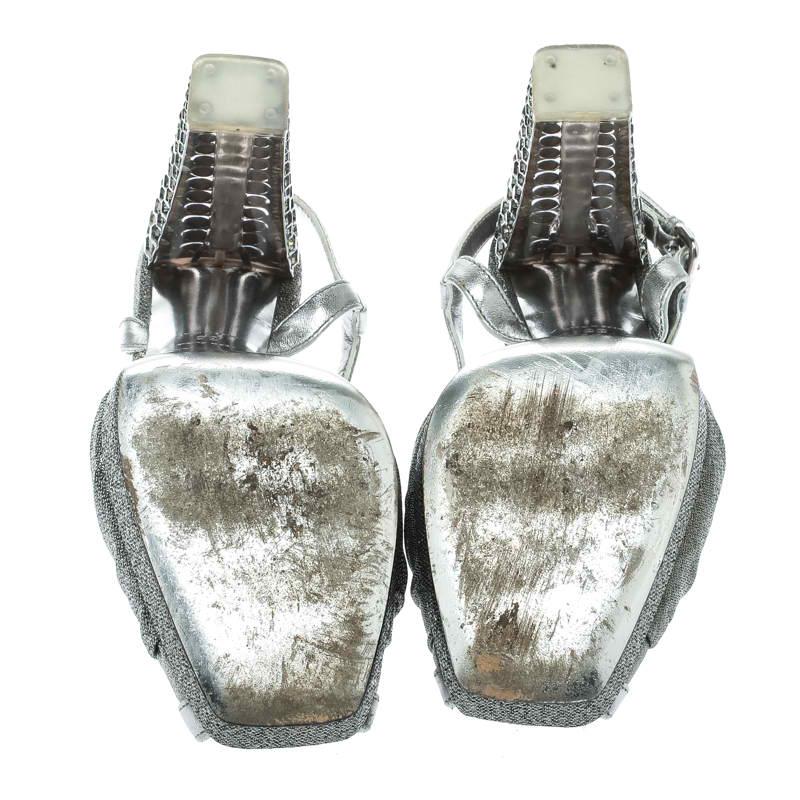Prada Silver Fabric and Leather Crystal Embellished Slingback Sandals Size 36 2