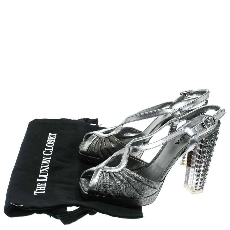 Prada Silver Fabric and Leather Crystal Embellished Slingback Sandals Size 36 3