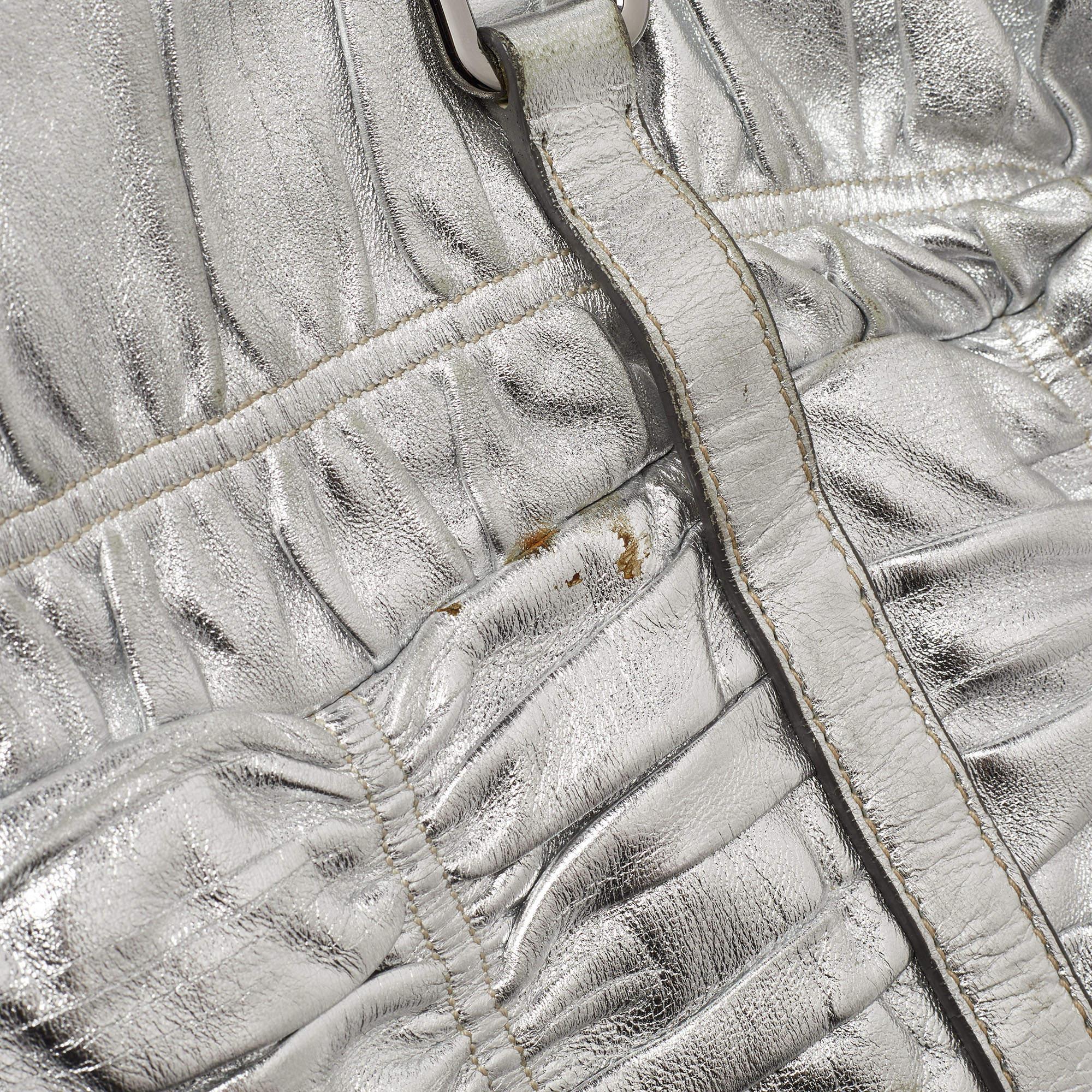 Prada Silver Gaufre Leather Buckle Satchel For Sale 9