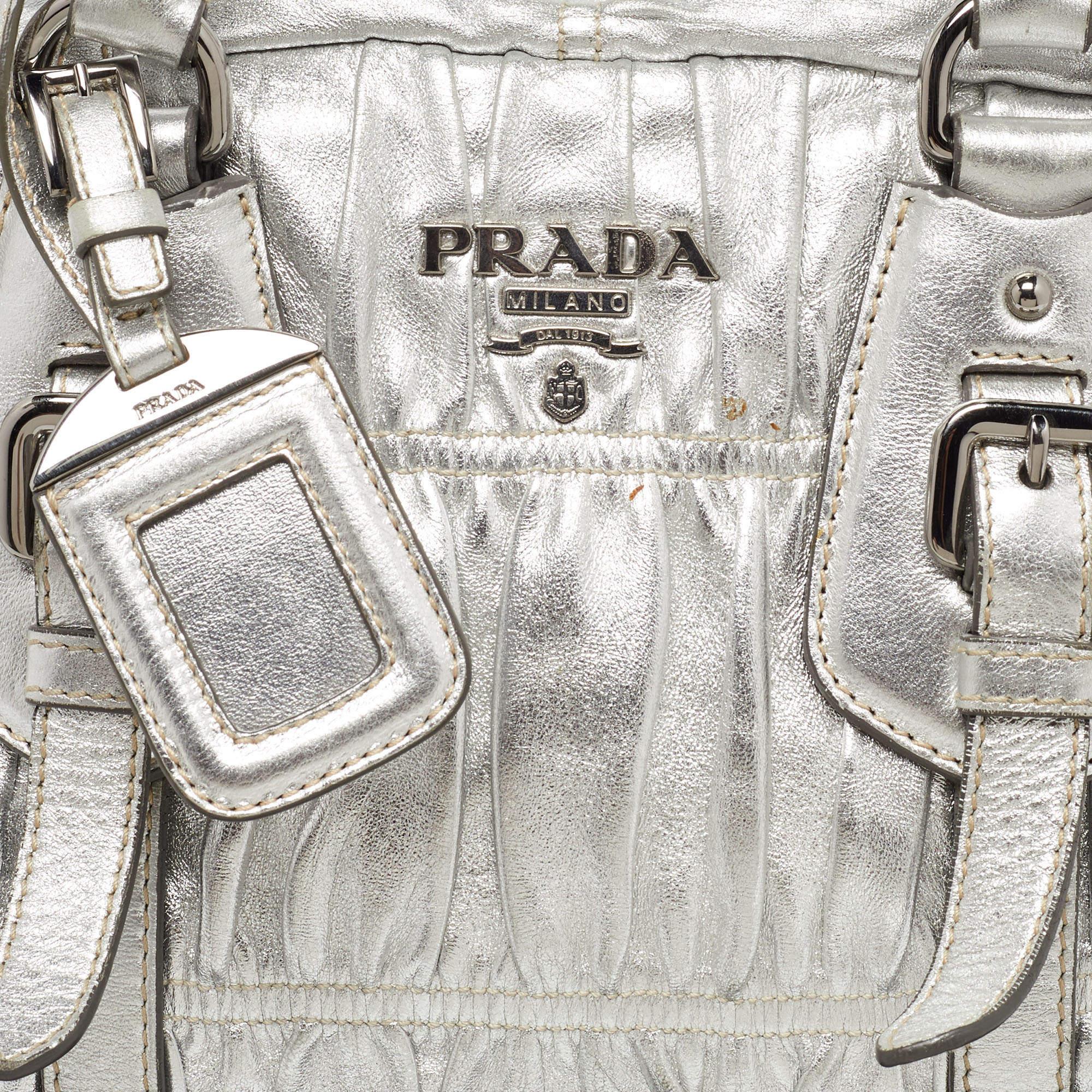 Women's Prada Silver Gaufre Leather Buckle Satchel For Sale
