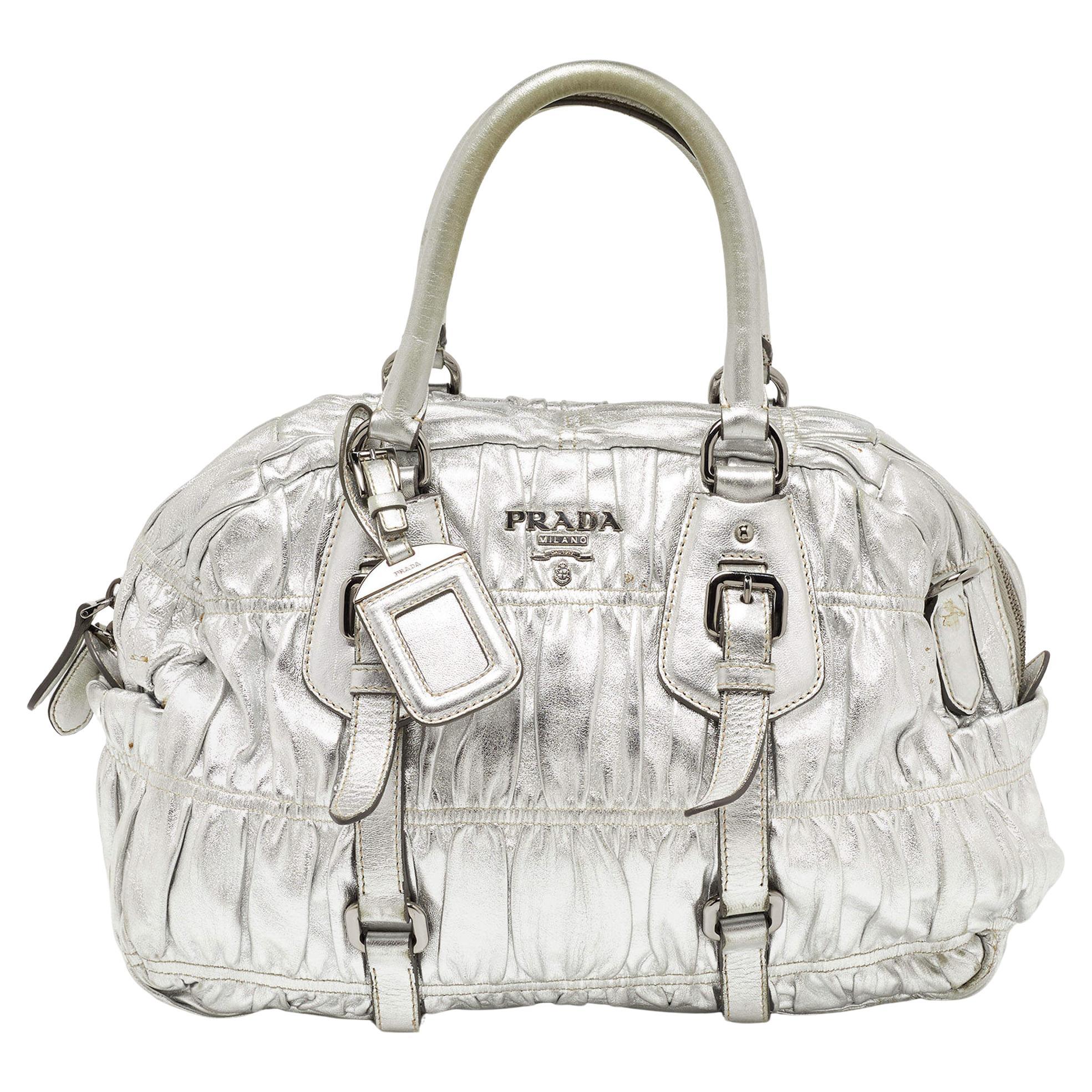 Prada Silver Gaufre Leather Buckle Satchel For Sale