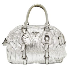 Used Prada Silver Gaufre Leather Buckle Satchel