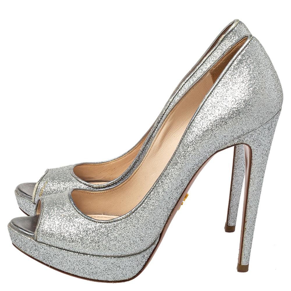 Prada Silver Glitter Peep Toe Pumps Size 37.5 1