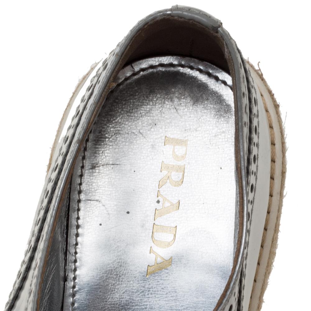 Beige Prada Silver Glossy Brogue Leather Derby Espadrille Sneakers Size 39.5