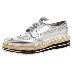 Prada Silver Glossy Brogue Leather Derby Espadrille Sneakers Size 39.5