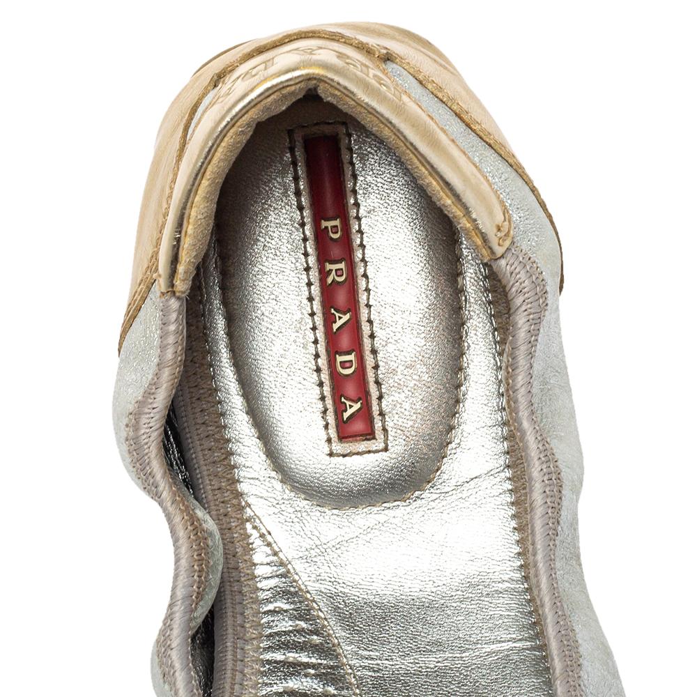Beige Prada Silver/Gold Patent And Leather Scrunchy Ballet Flats Size 38.5