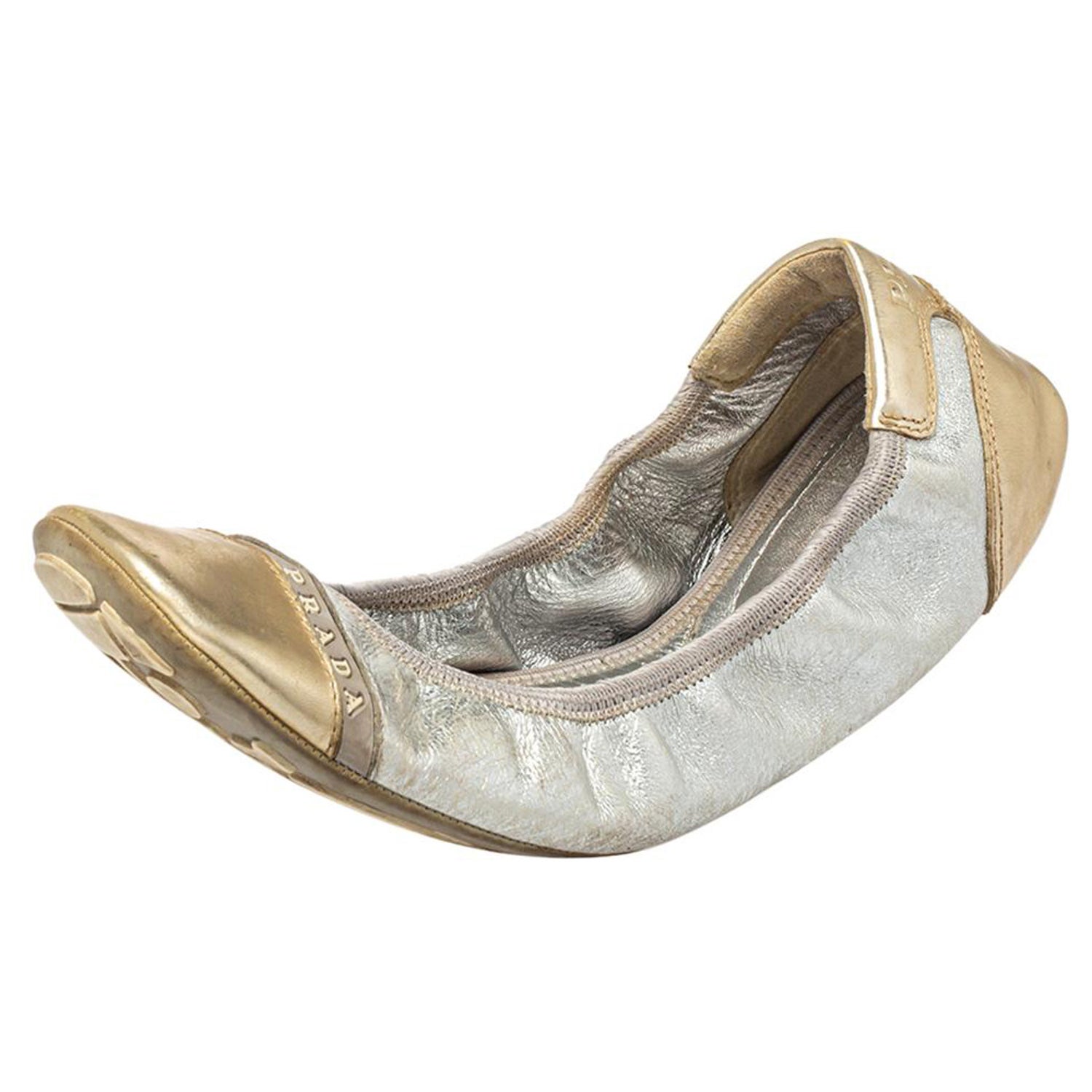 Prada Silver/Gold Patent And Leather Scrunchy Ballet Flats Size 38.5 For  Sale at 1stDibs
