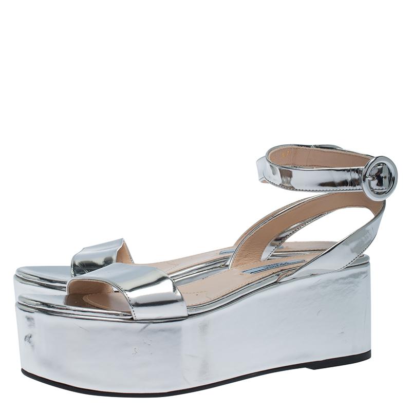 Prada Silver Leather Ankle Strap Platform Sandals Size 37 2