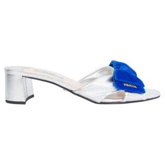 PRADA silver leather BLUE VELVET BOW Sandals Shoes 38.5